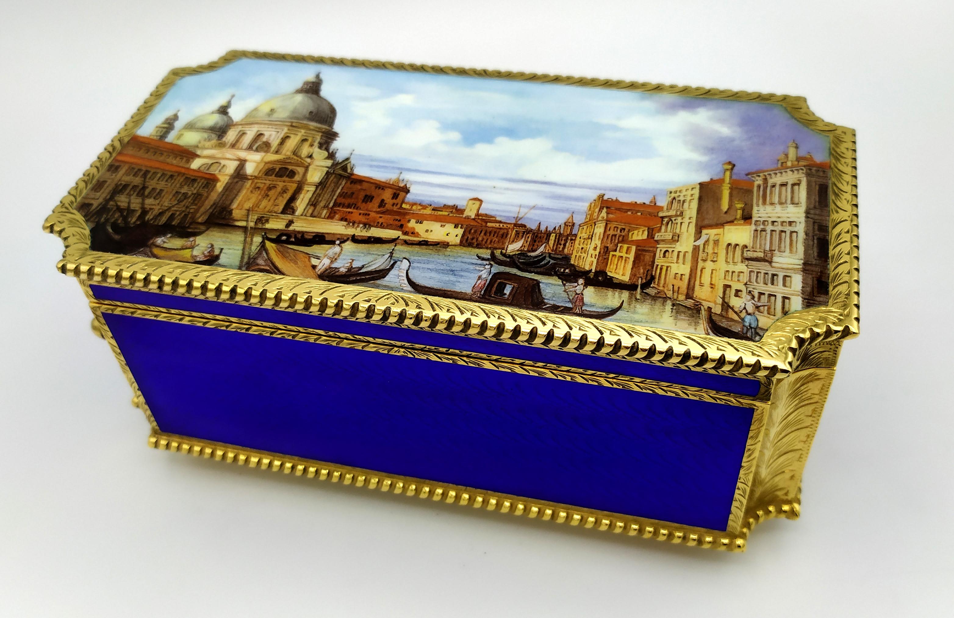Gold Table Box mechanical musical movement and miniature fired enamel Salimbeni For Sale