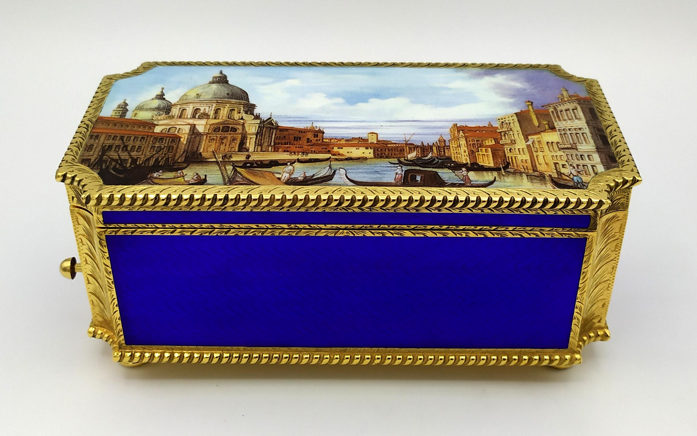 Table Box mechanical musical movement and miniature fired enamel Salimbeni For Sale 1