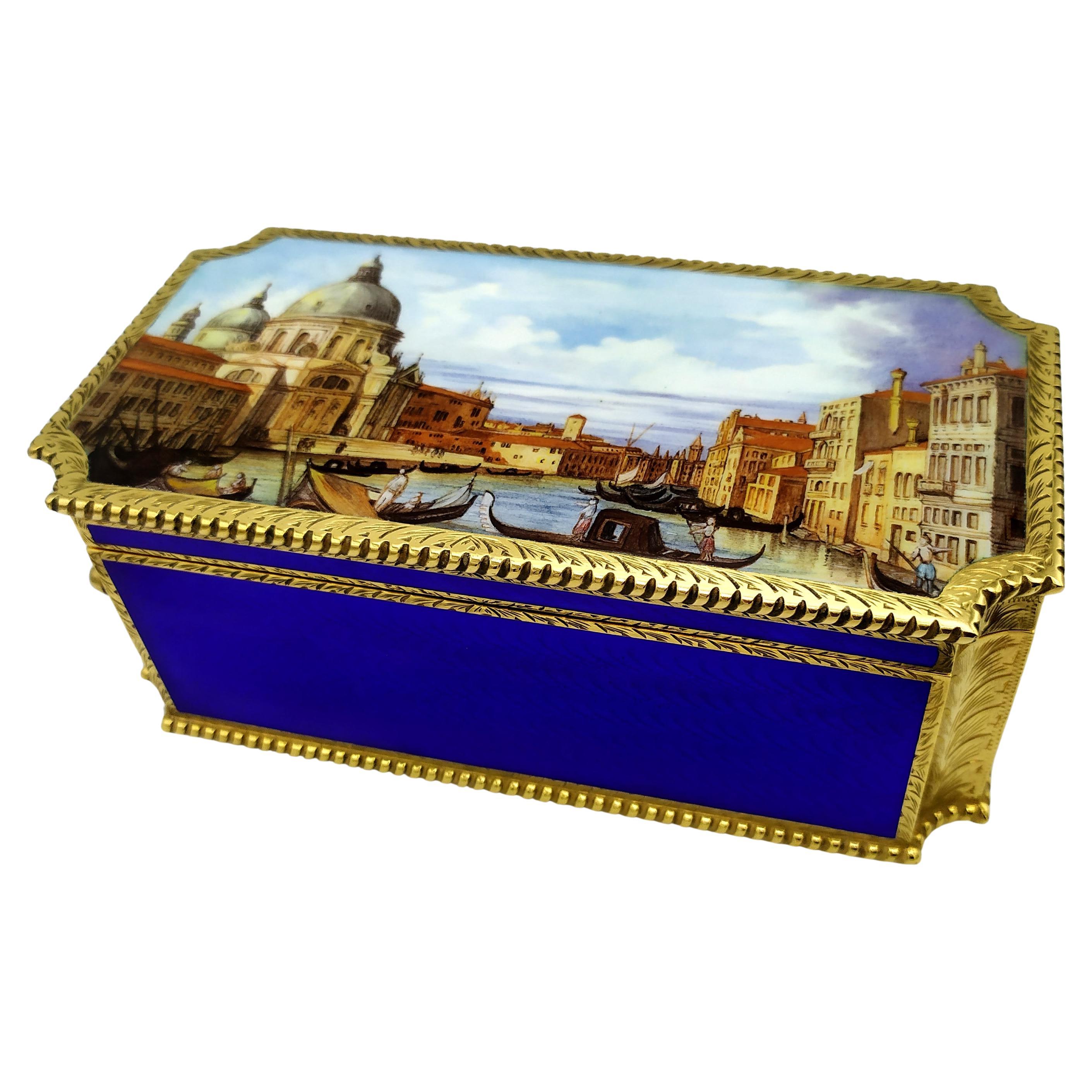 Caja de mesa movimiento musical mecánico y miniatura de esmalte cocido Salimbeni