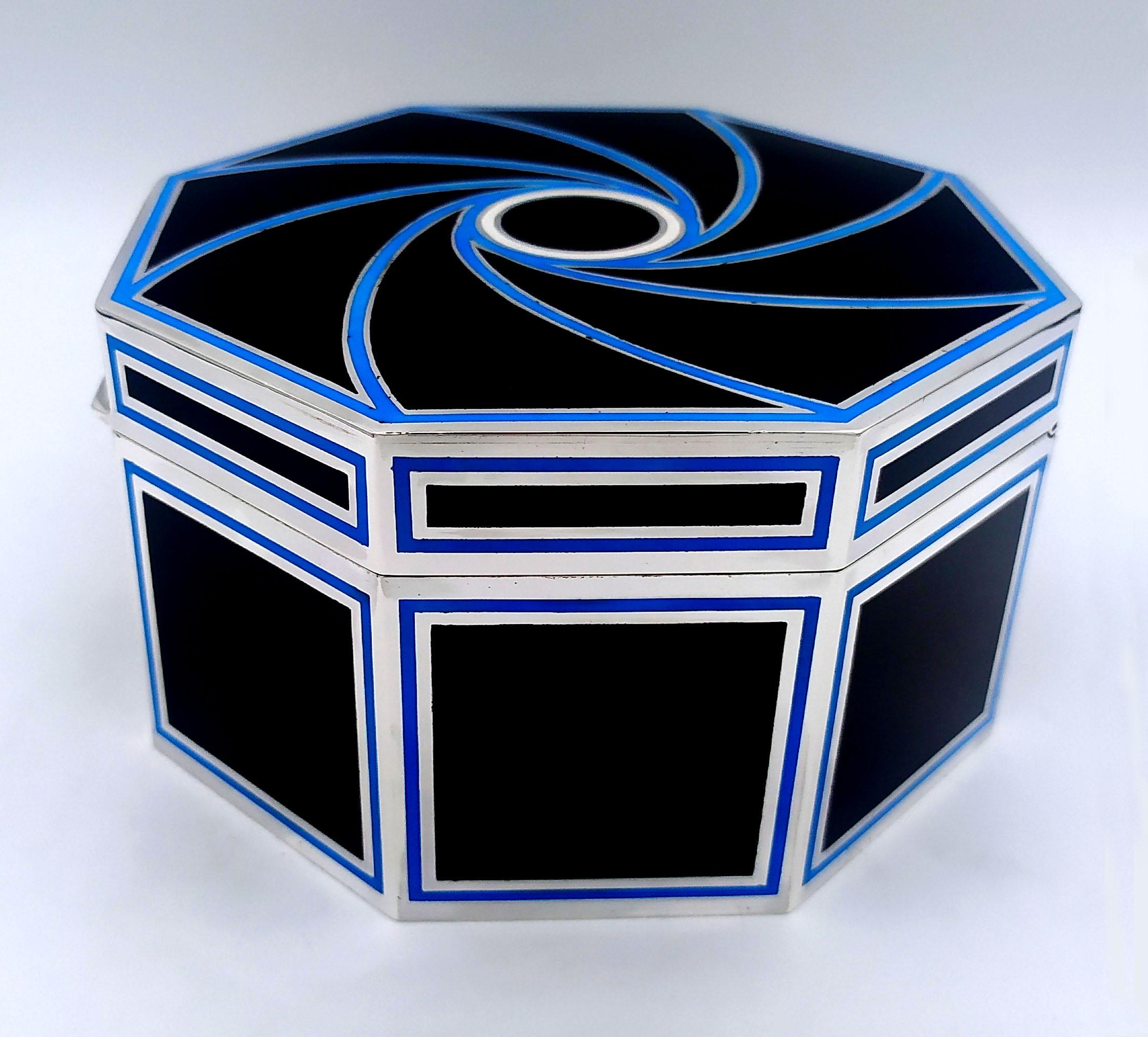 Art Deco Table Box Octagonal Black Enamel with light Blue Sterling Silver Salimbeni For Sale