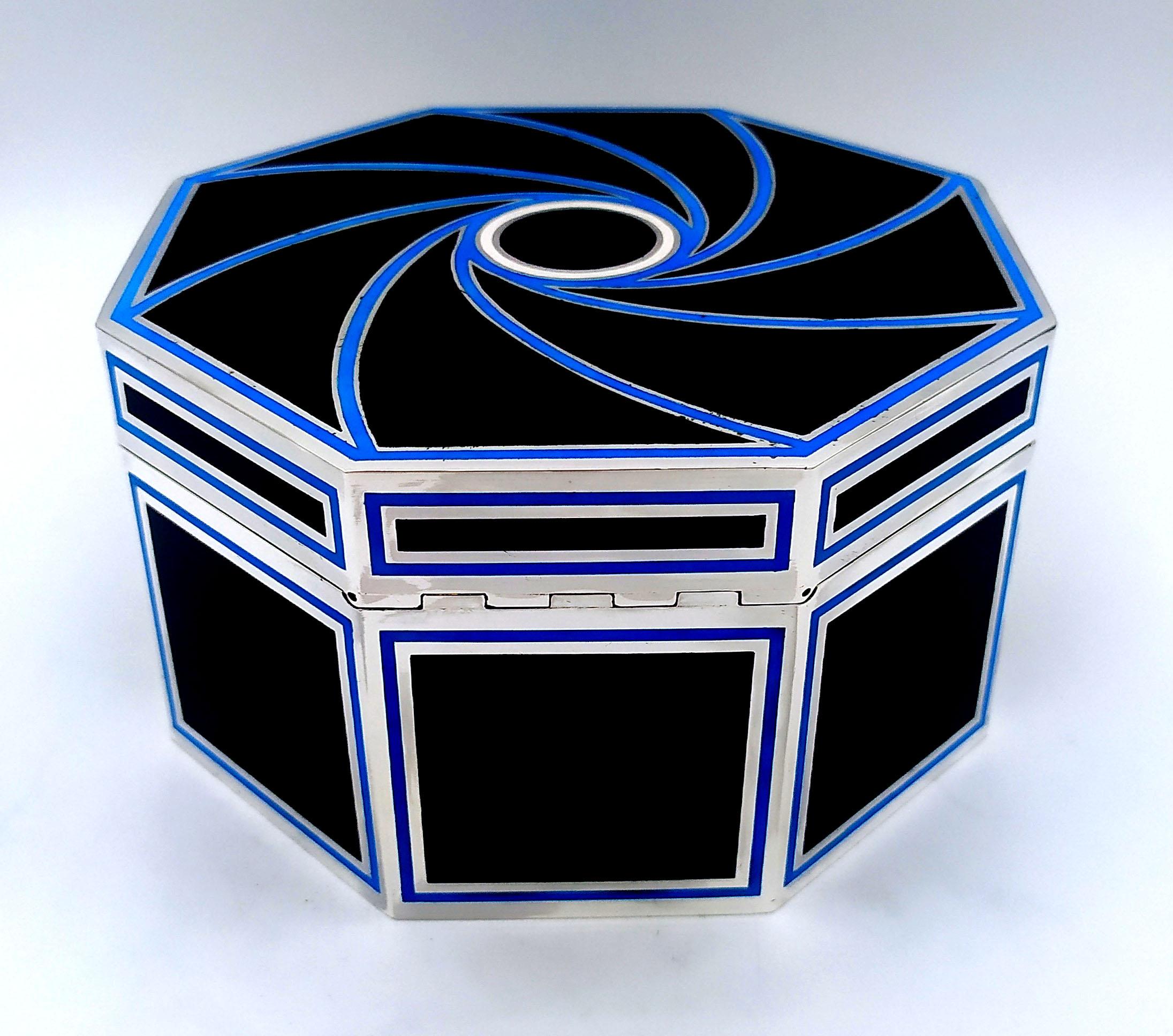 Italian Table Box Octagonal Black Enamel with light Blue Sterling Silver Salimbeni For Sale