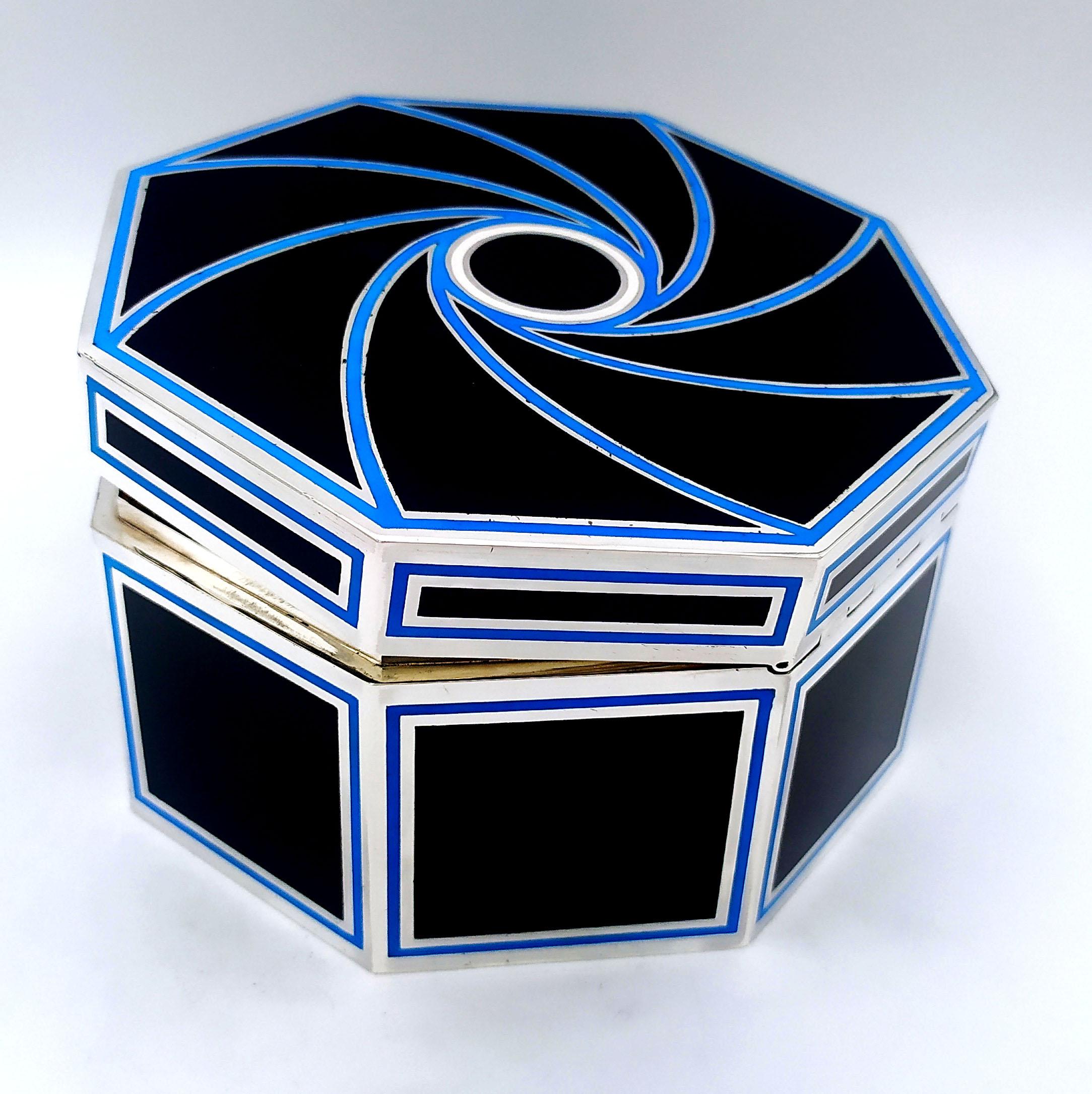 Hand-Carved Table Box Octagonal Black Enamel with light Blue Sterling Silver Salimbeni For Sale