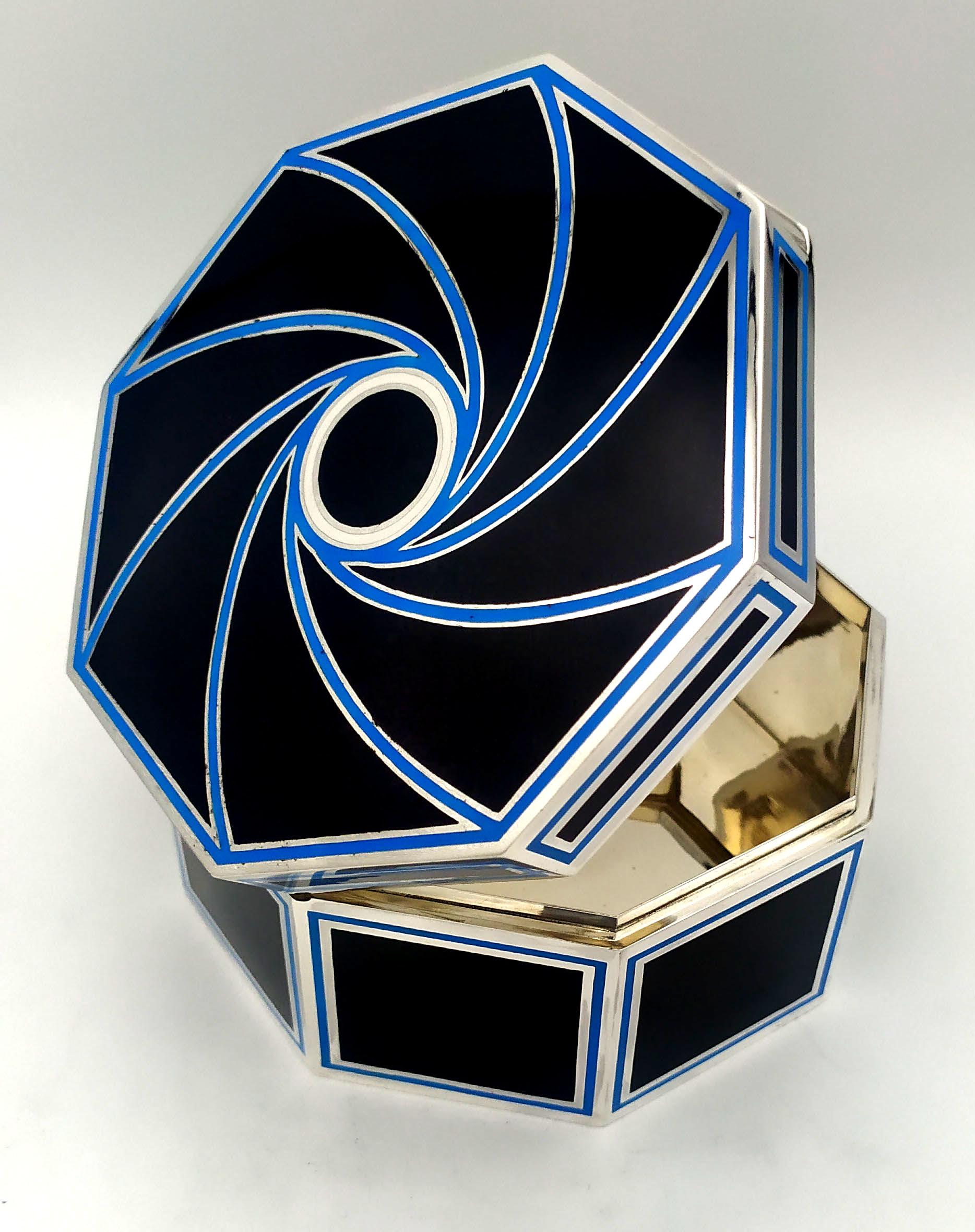 Boîte de table octogonale en émail noir et bleu clair en argent sterling Salimbeni Excellent état - En vente à Firenze, FI