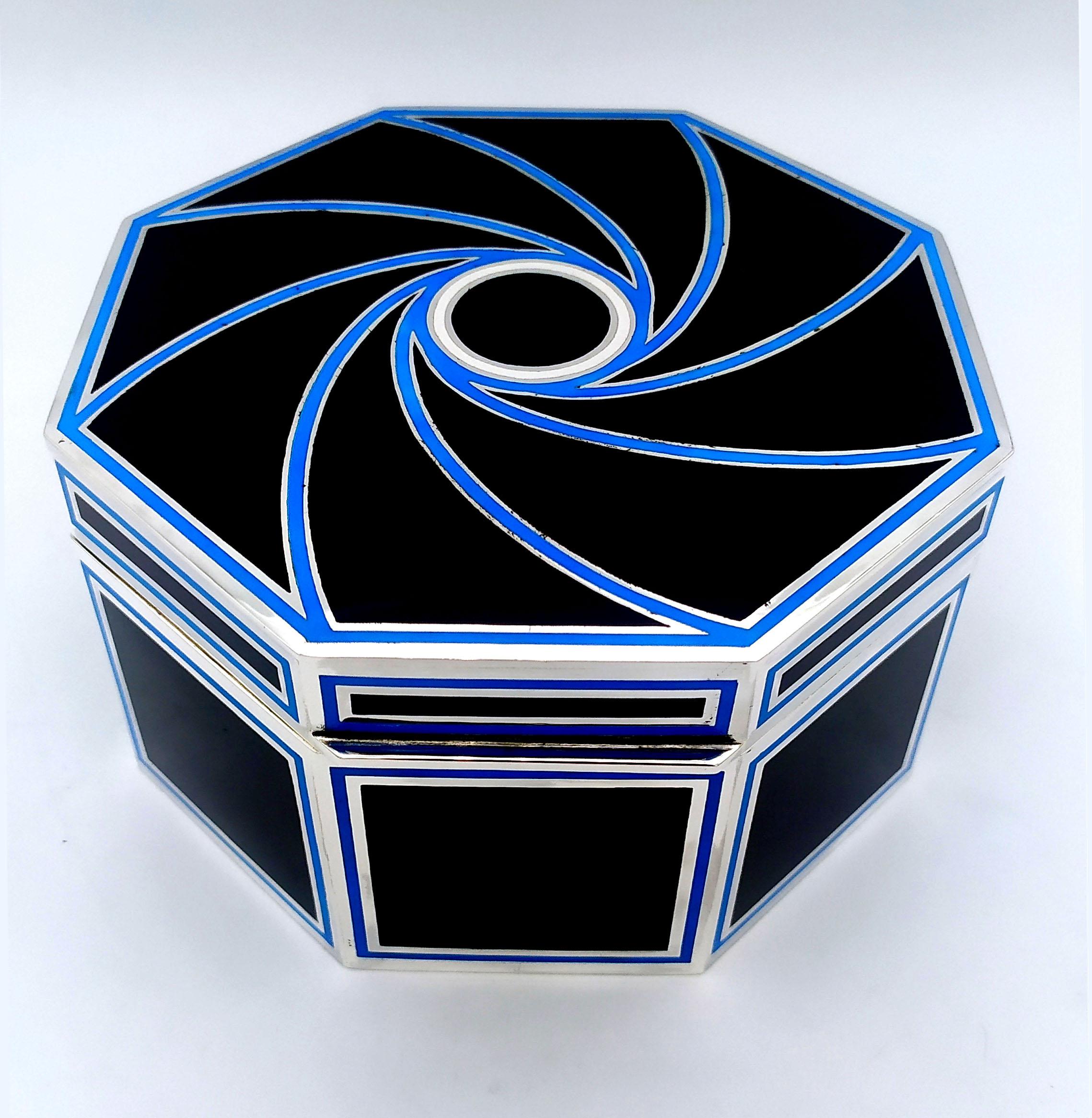 Table Box Octagonal Black Enamel with light Blue Sterling Silver Salimbeni For Sale 1