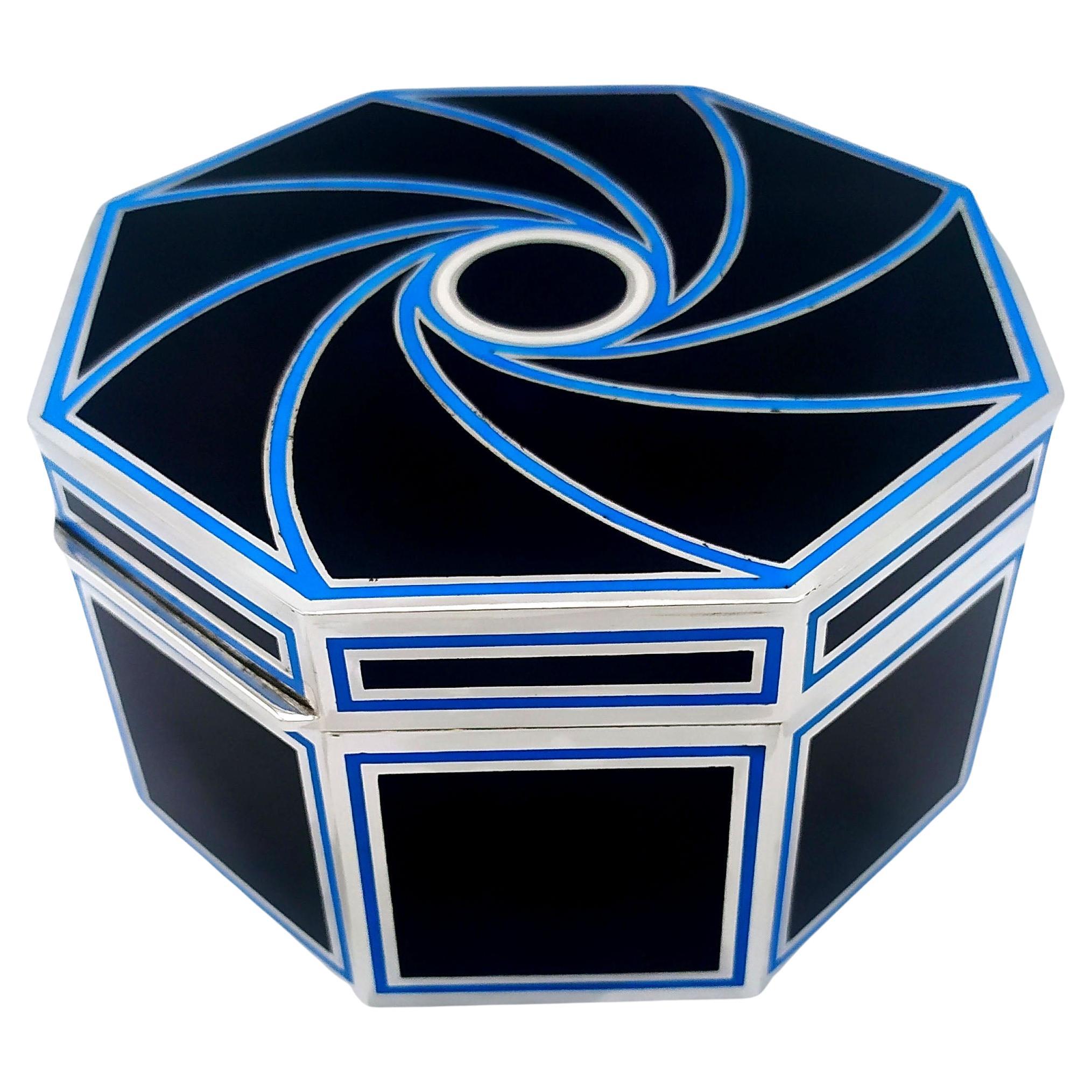 Boîte de table octogonale en émail noir et bleu clair en argent sterling Salimbeni