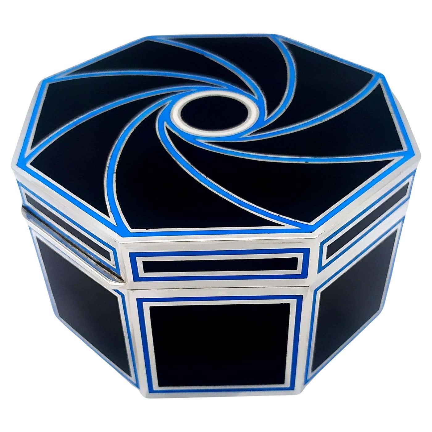 Table Box Octagonal Black Enamel with light Blue Sterling Silver ...