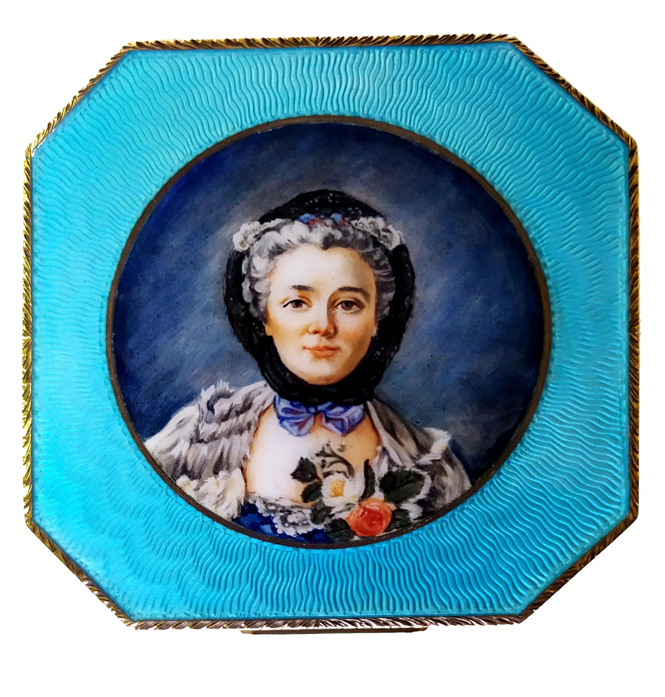 Other Table Box Octagonal Light Blue Fired Enamel and Miniature Madame Drouais on Sali For Sale