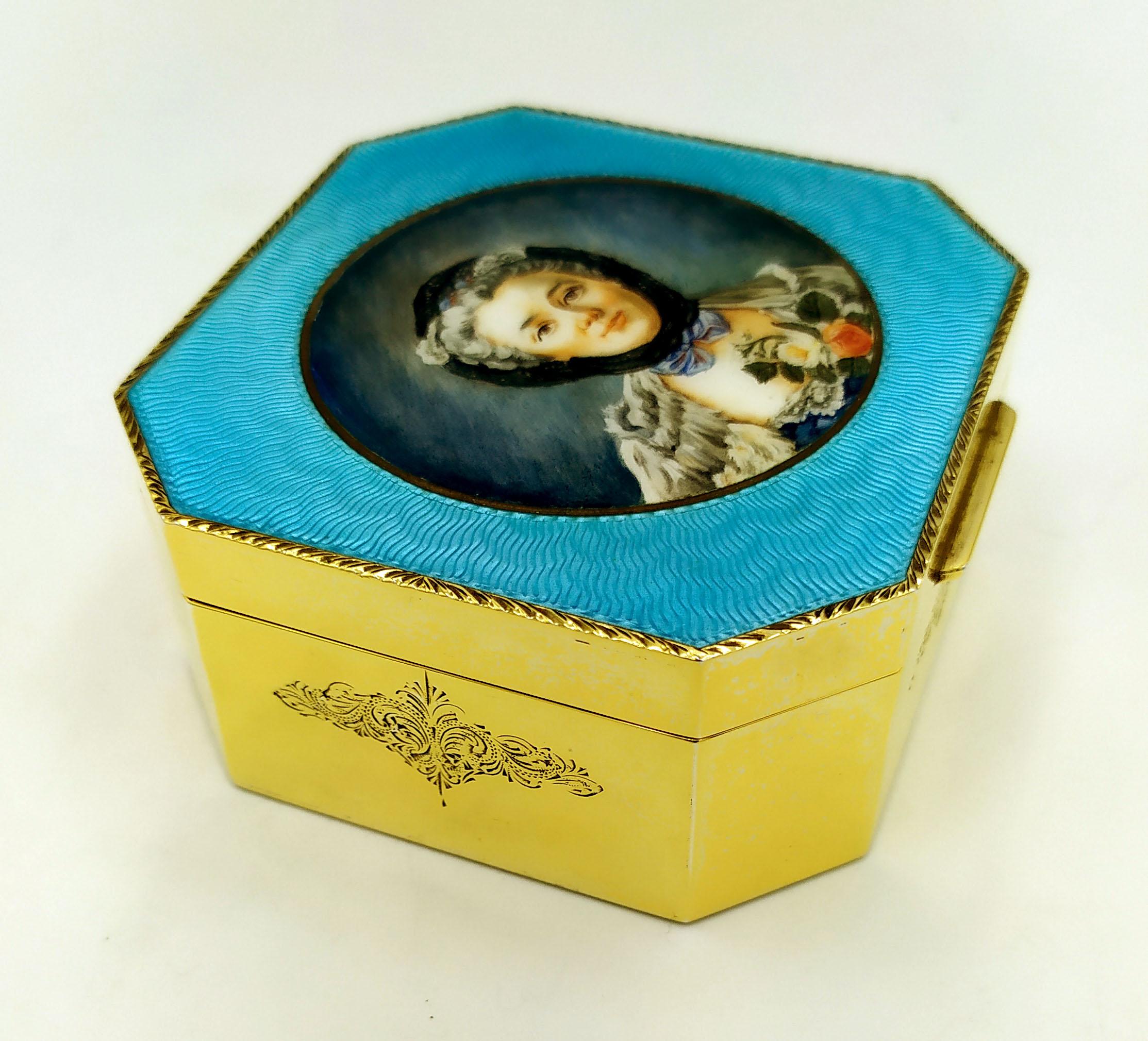 Italian Table Box Octagonal Light Blue Fired Enamel and Miniature Madame Drouais on Sali For Sale