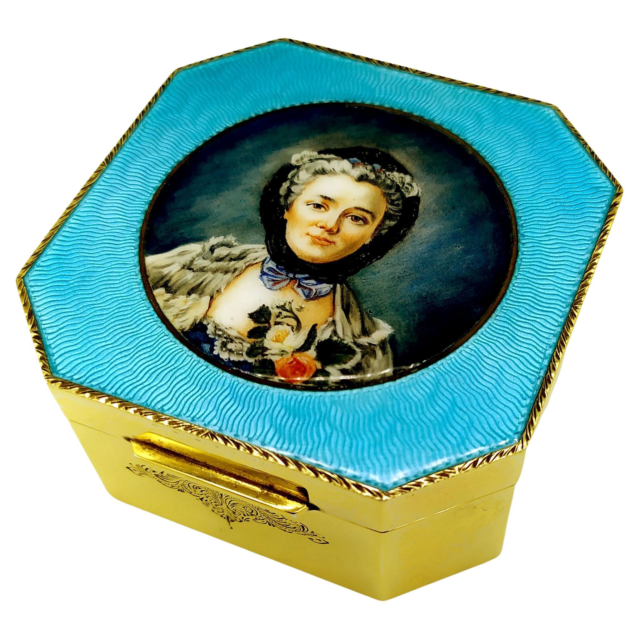 Table Box Octagonal Light Blue Fired Enamel and Miniature Madame Drouais on Sali For Sale