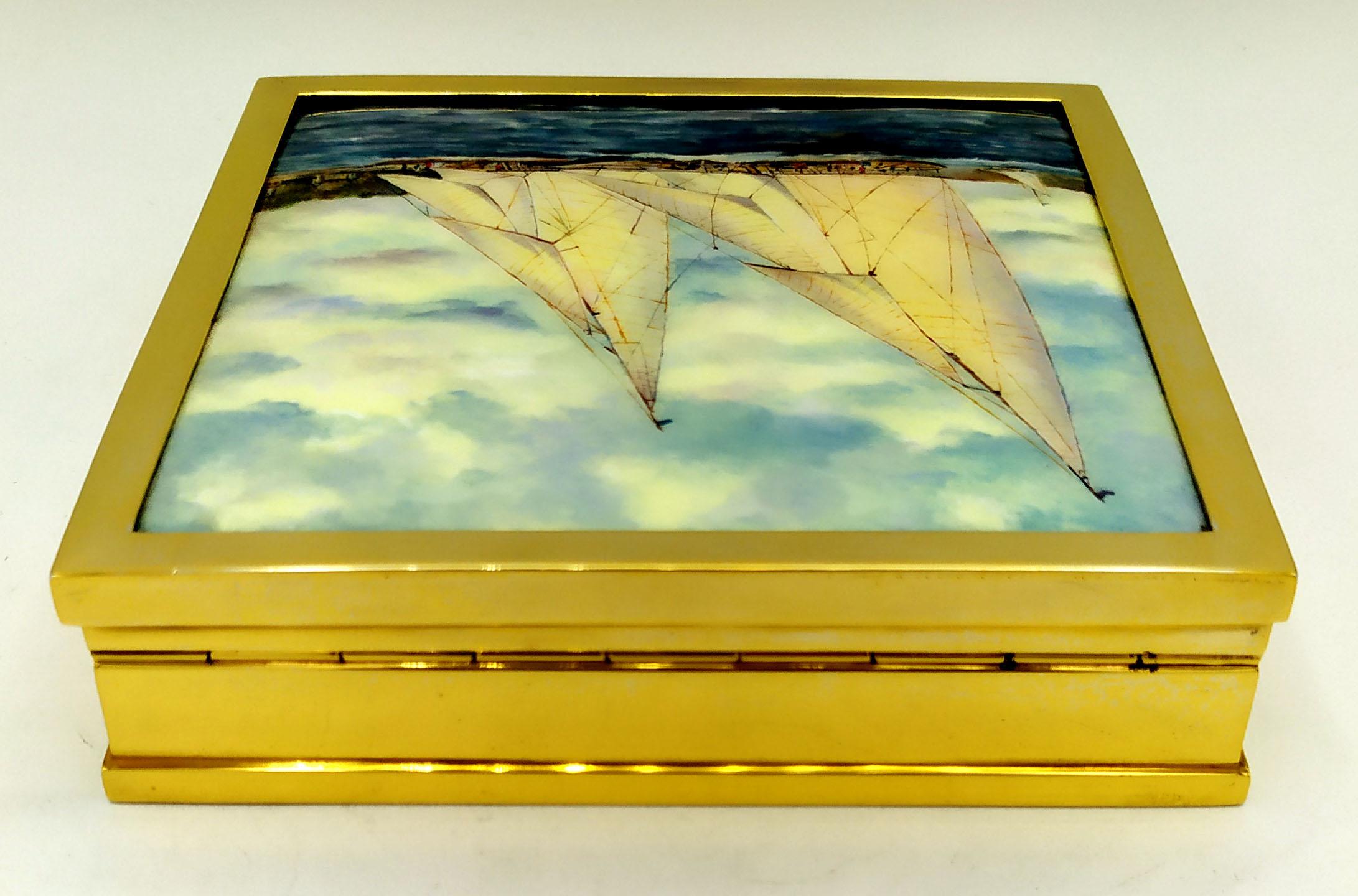 Mid-Century Modern Table Box Sailing Boats miniature handpainted enamel Sterling Silver Salimbeni  For Sale