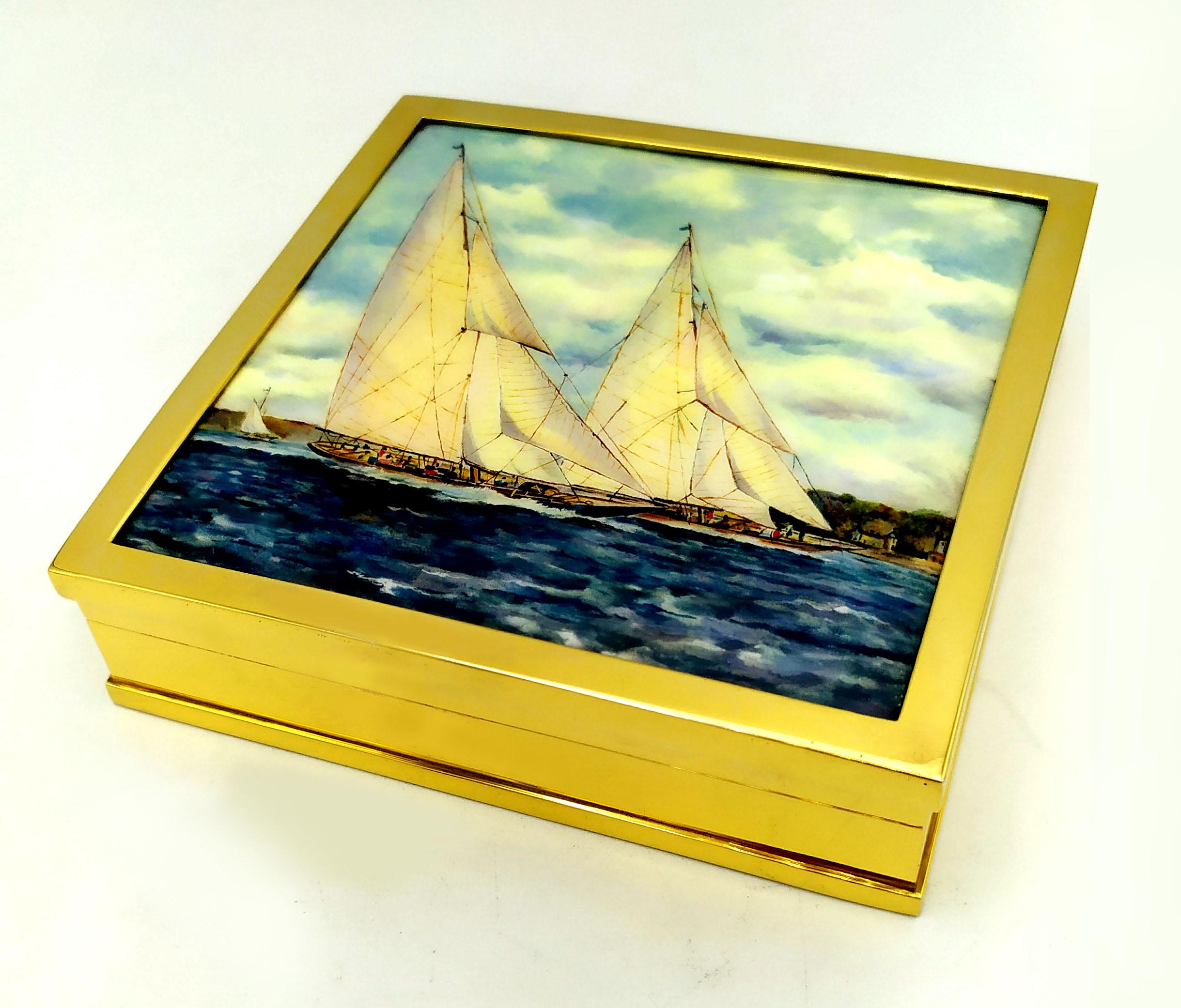 Table Box Sailing Boats miniature handpainted enamel Sterling Silver Salimbeni  In Excellent Condition For Sale In Firenze, FI