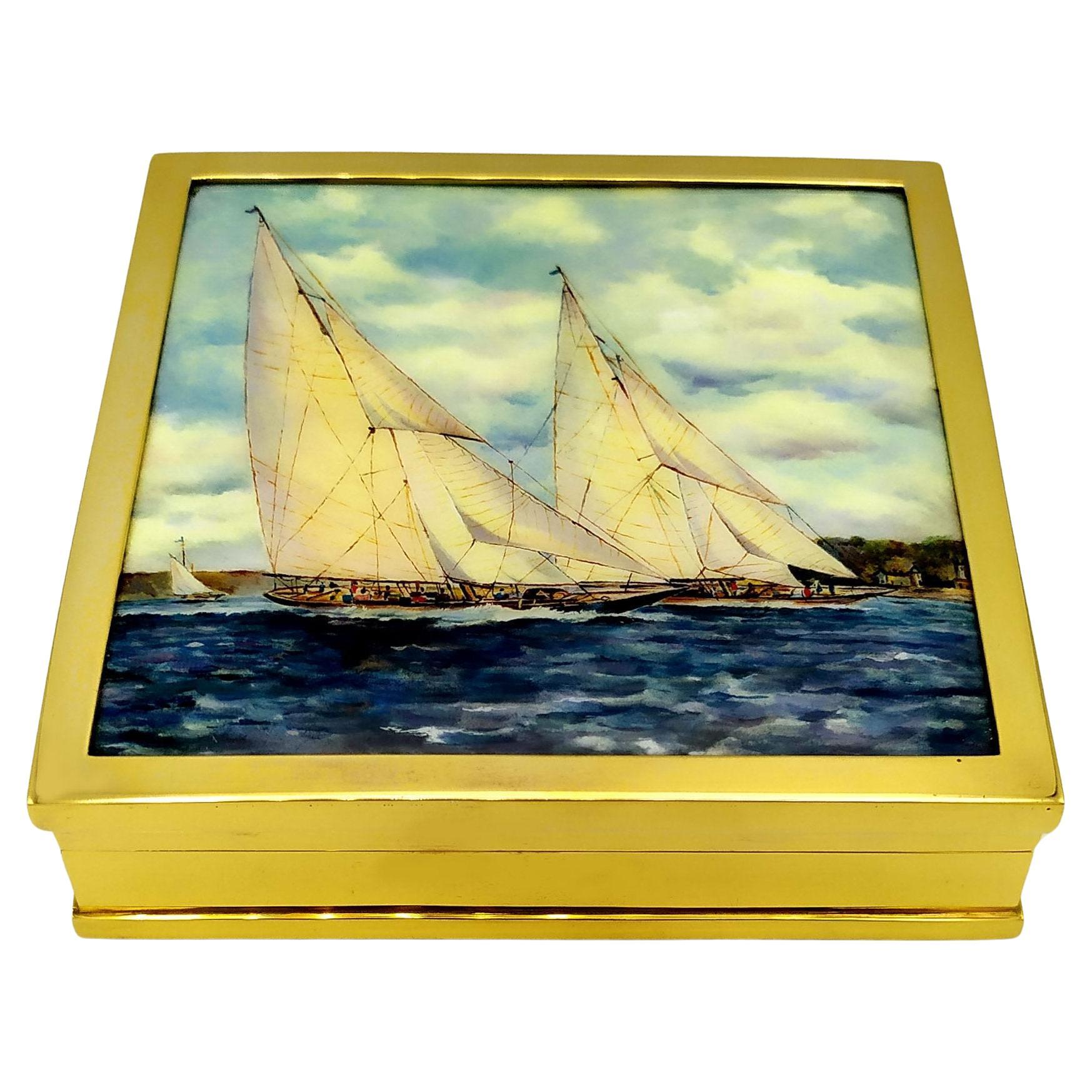 Table Box Sailing Boats miniature handpainted enamel Sterling Silver Salimbeni  For Sale