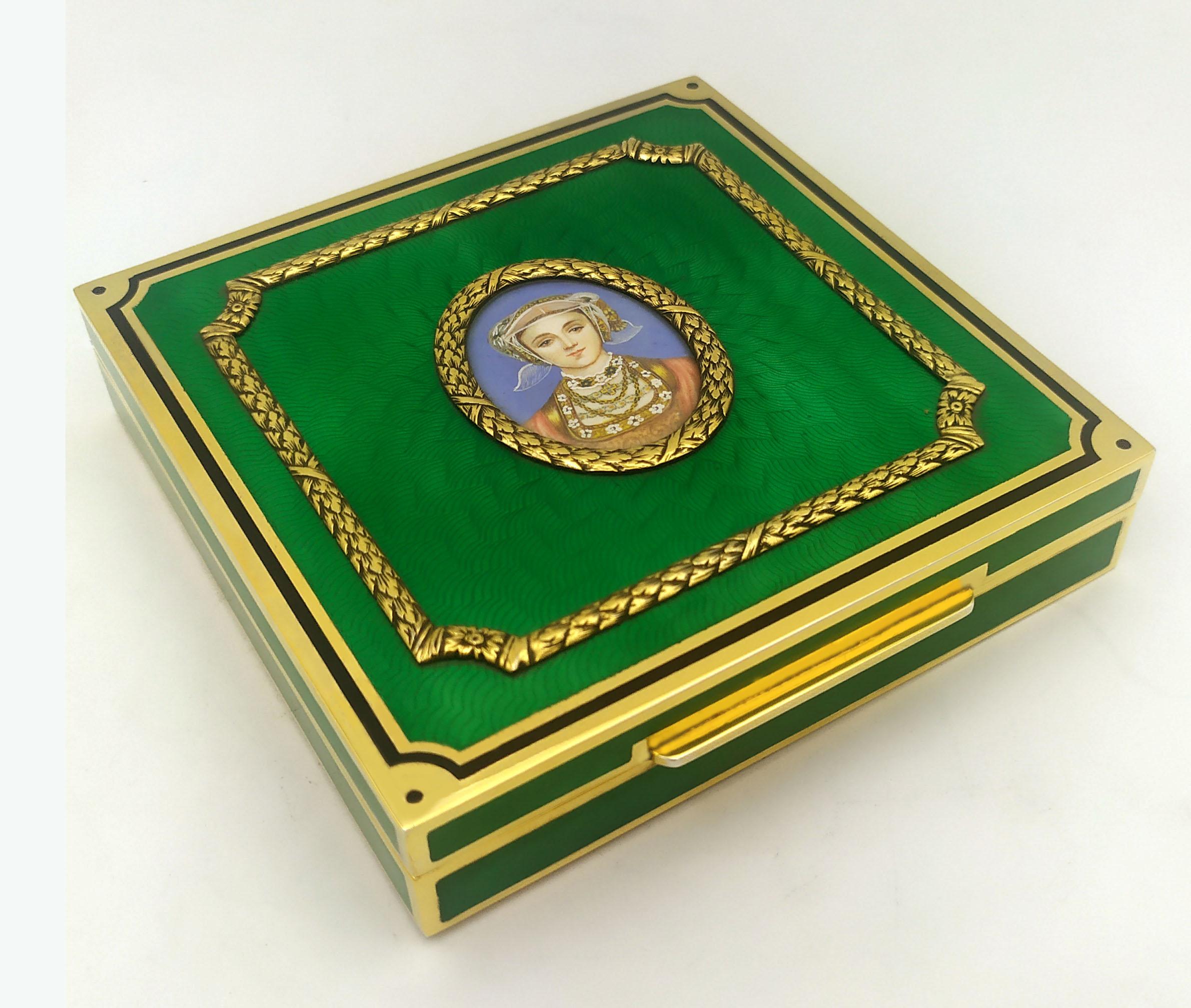Tabelle Box quadratisch grünem Emaille mit ovalen Miniatur Sterling Silber Salimbeni (Louis XVI.) im Angebot