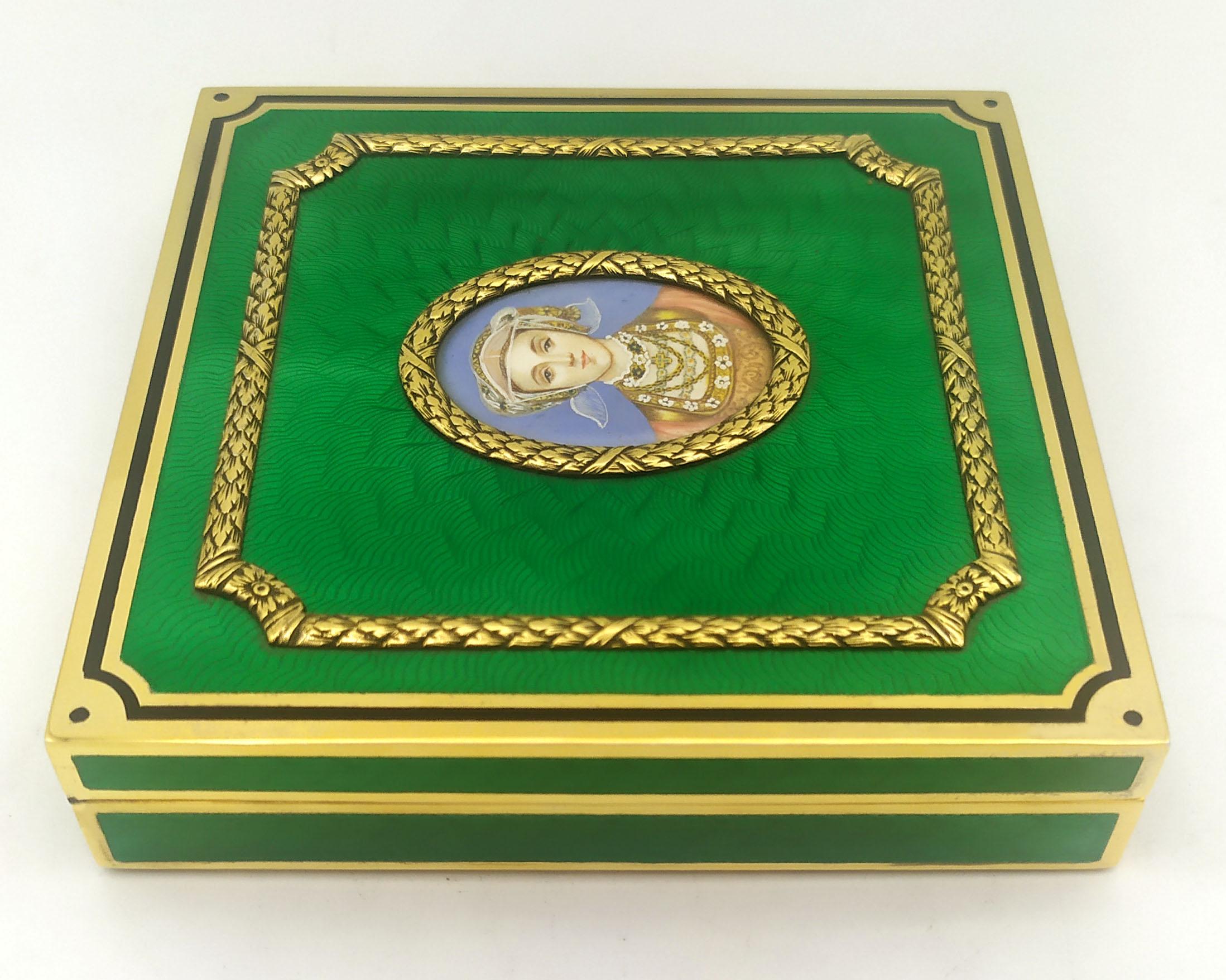Tabelle Box quadratisch grünem Emaille mit ovalen Miniatur Sterling Silber Salimbeni im Zustand „Hervorragend“ im Angebot in Firenze, FI