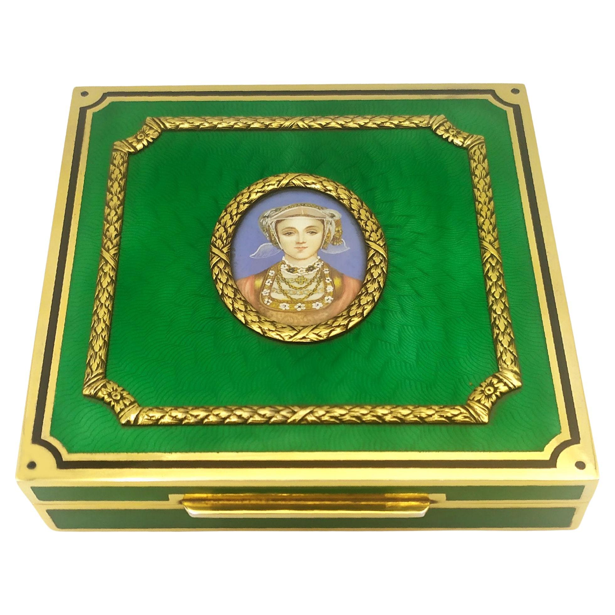 Caja de mesa cuadrada de esmalte verde con miniatura ovalada de plata de ley Salimbeni