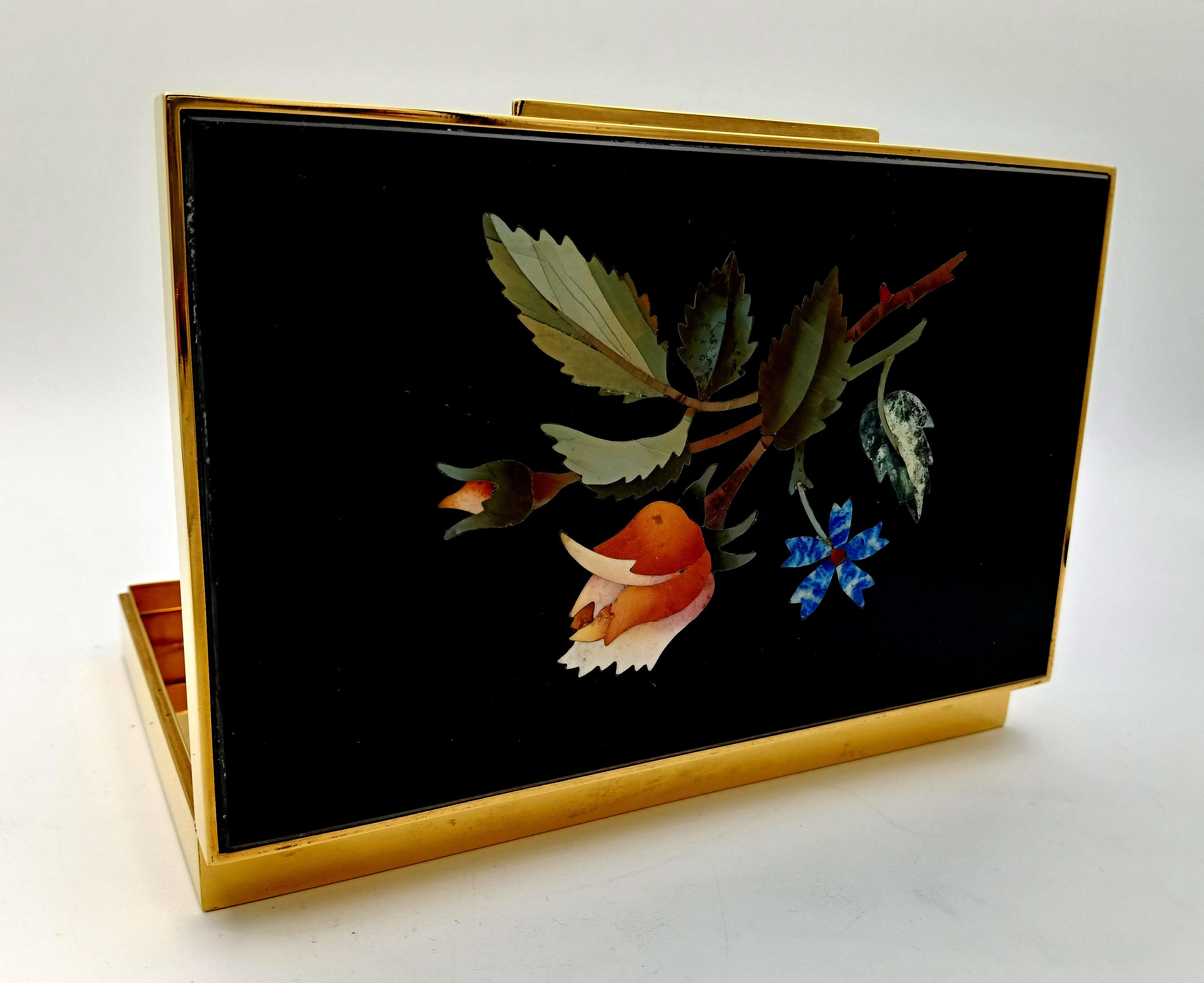 Italian Table box sterling silver fine floral mosaic “commesso fiorentino” Salimbeni For Sale