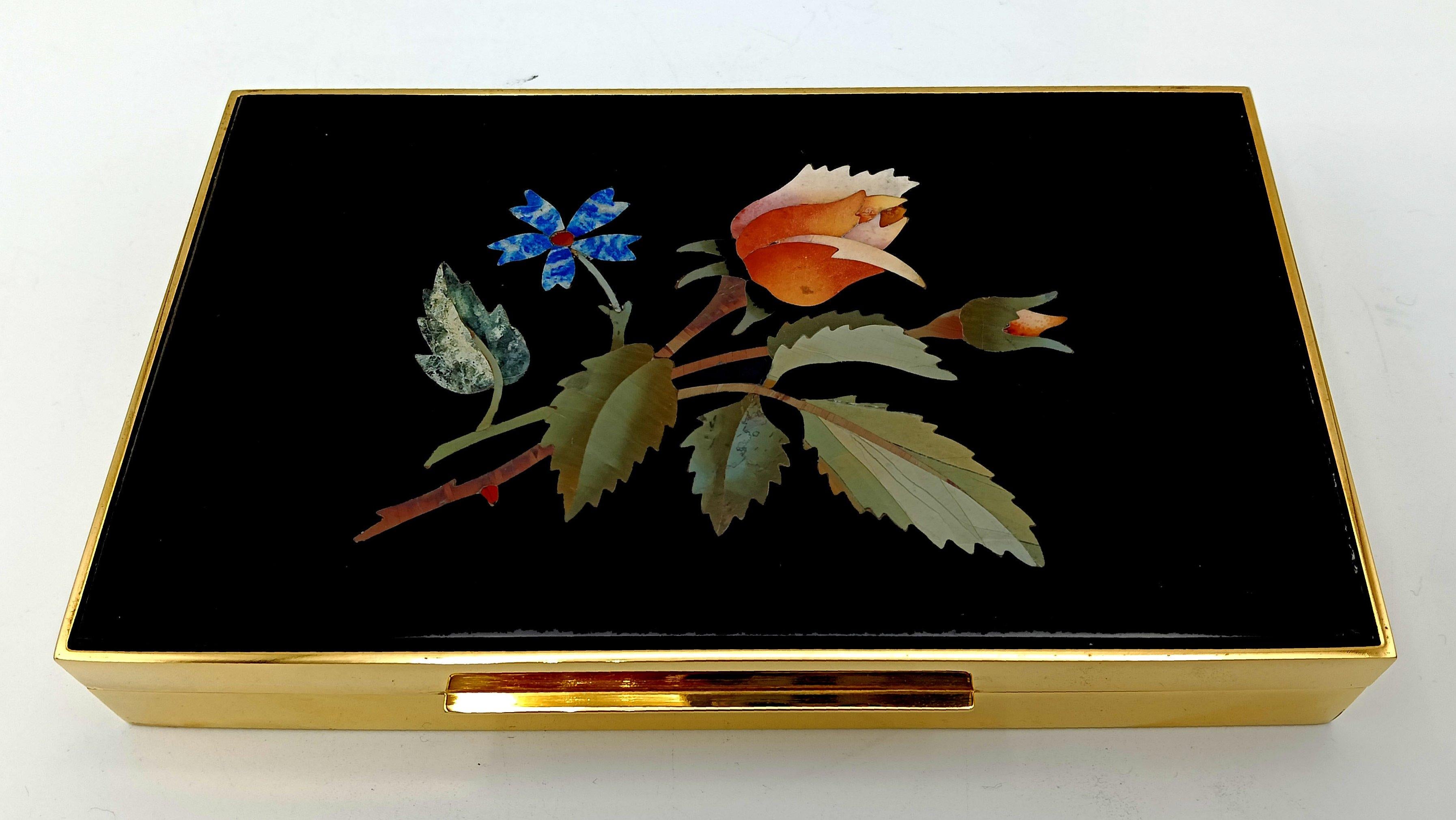 Mid-20th Century Table box sterling silver fine floral mosaic “commesso fiorentino” Salimbeni For Sale