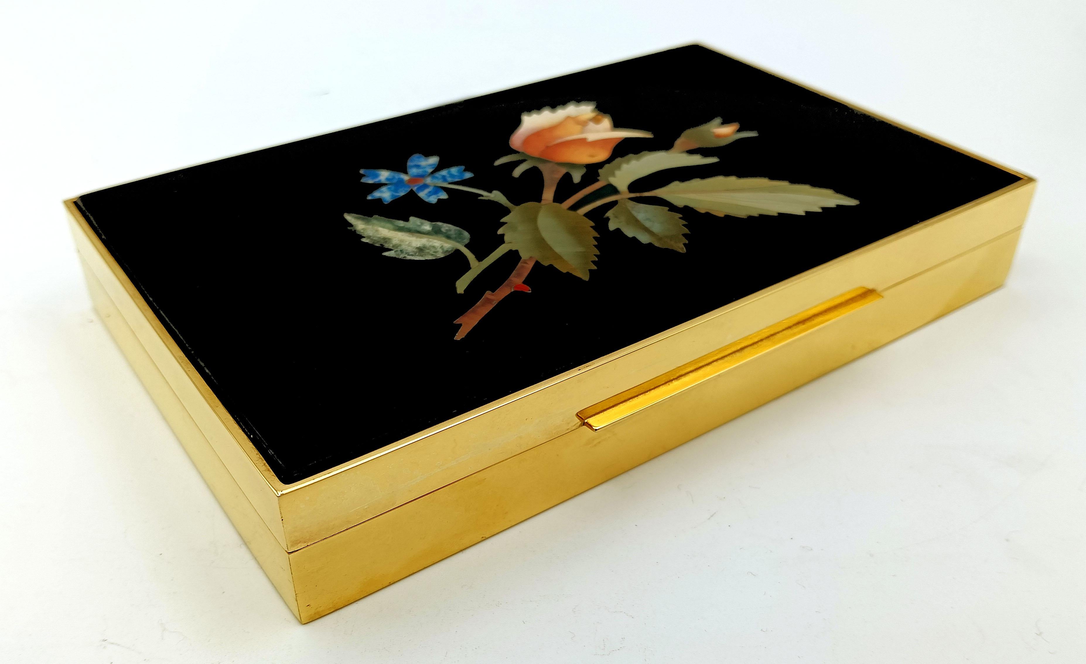 Gold Table box sterling silver fine floral mosaic “commesso fiorentino” Salimbeni For Sale