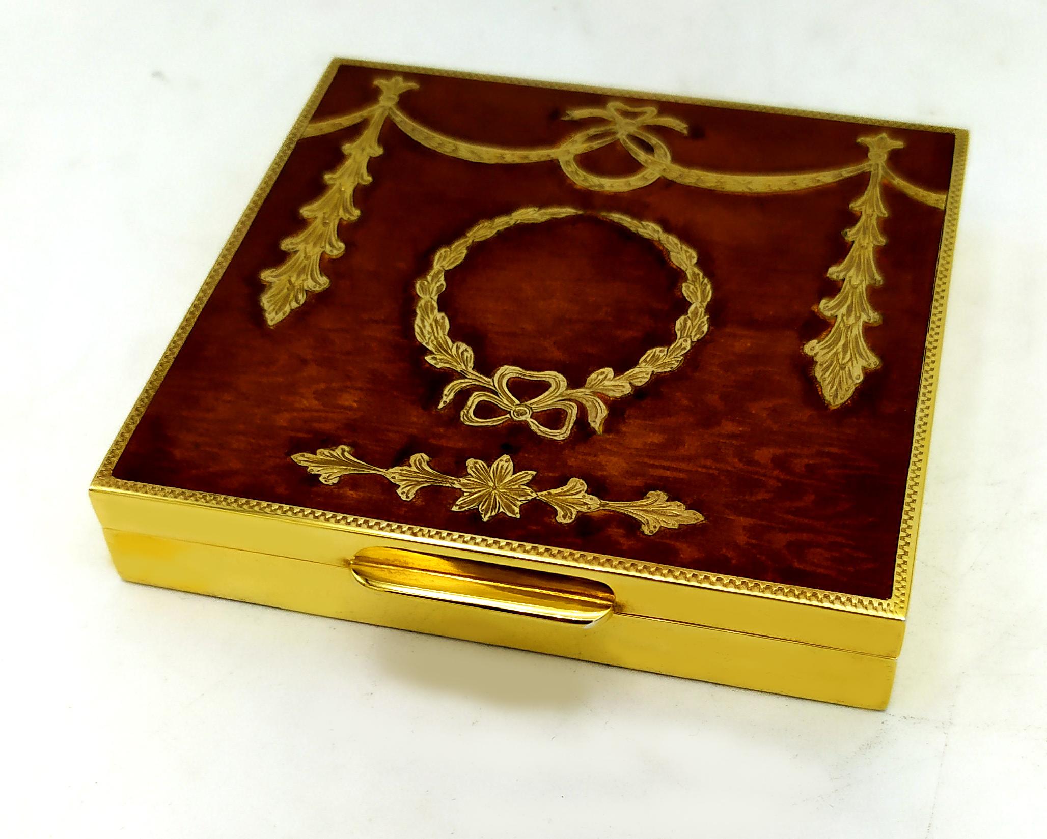 Napoleon III Table Box transparent brown fired enamel over hand-engraved wood grain Salimbeni For Sale