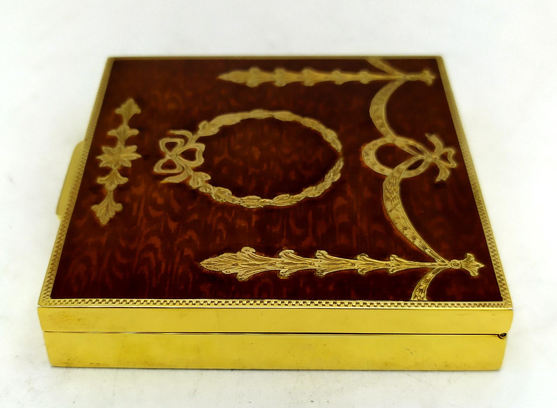 Italian Table Box transparent brown fired enamel over hand-engraved wood grain Salimbeni For Sale