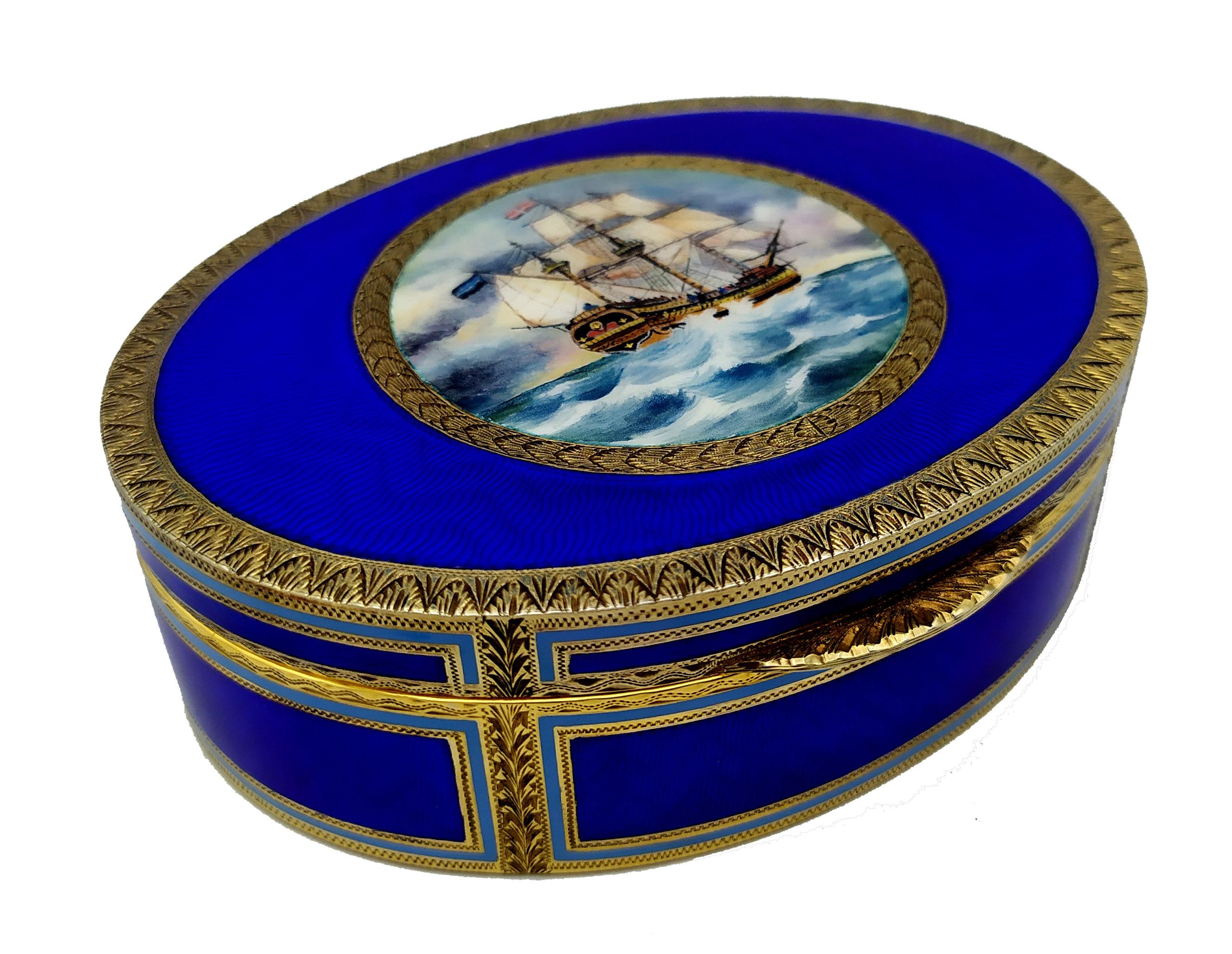 Italian Table Box with Fine Hand-Engraving and Sailboat Miniature Salimbeni