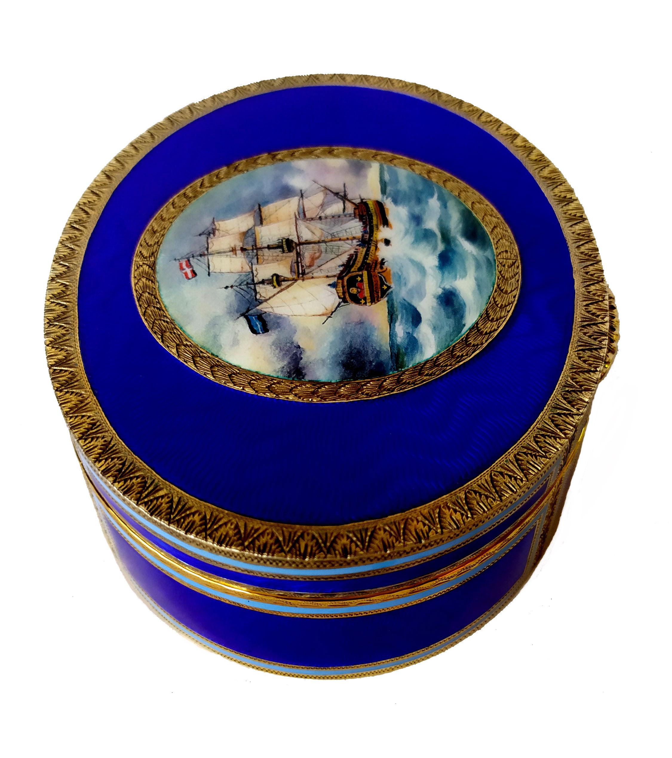 Gold Table Box with Fine Hand-Engraving and Sailboat Miniature Salimbeni