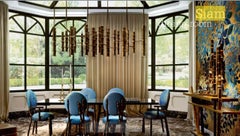 Tavolo Foglia di bronzo Piano in vetro Inserto decorativo a mosaico Gambe in ottone Ebano lucido