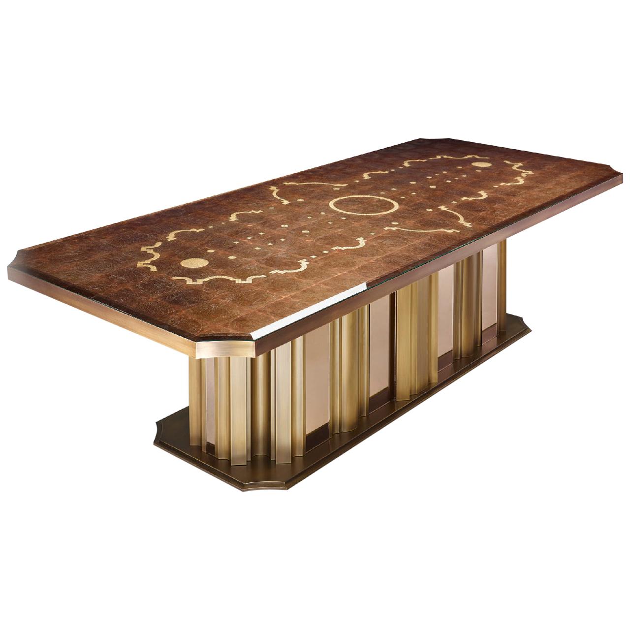 Table Bronzed Brass & Amber Mirror Bronze Leaf Glass with Decorative Mosaic Top