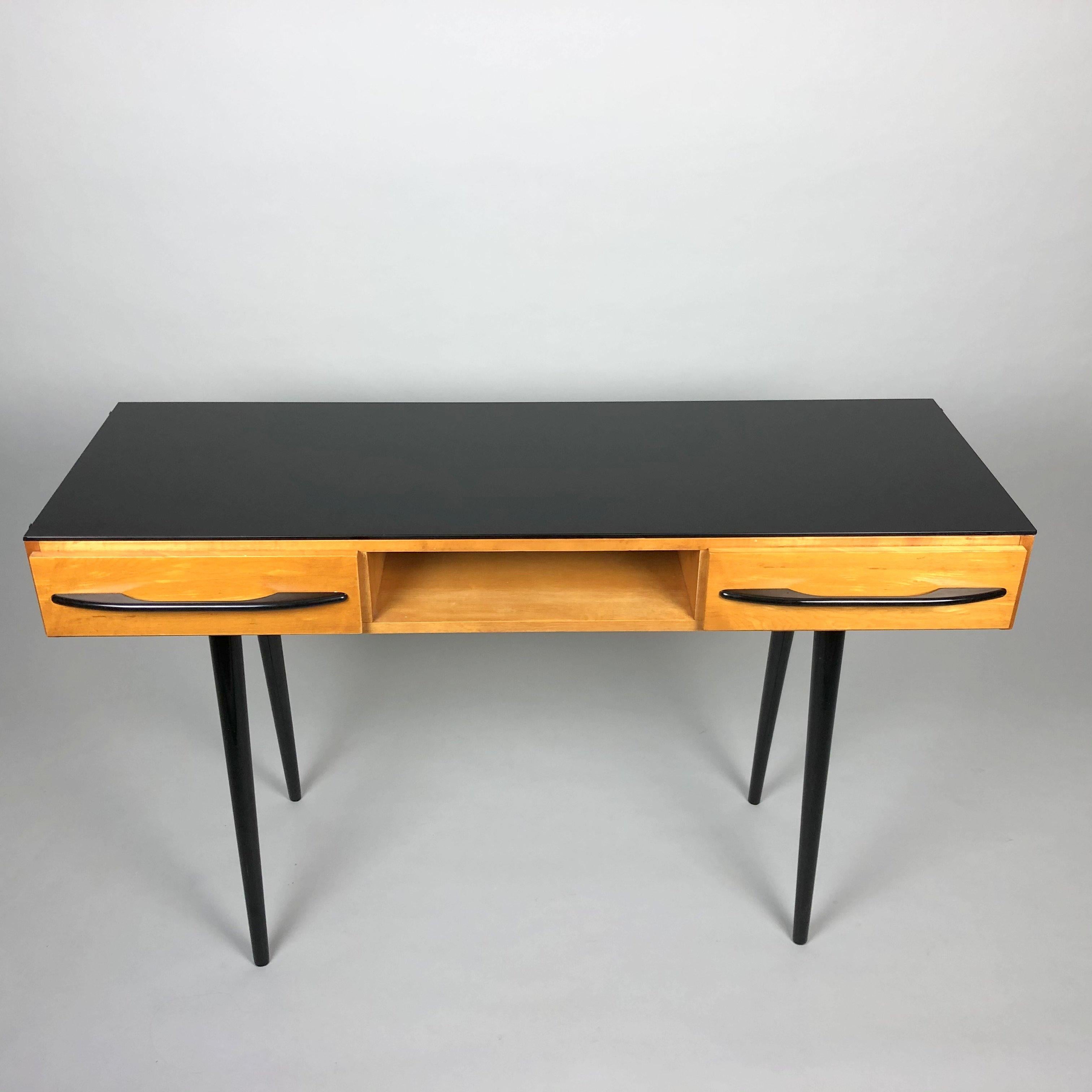 Vintage console table or writing desk designed by Architekt Mojmir Pozar in Czechoslovakia in the 1960s. Good original condition. The table top is made of opaxite glass. Wooden parts are re-polished.