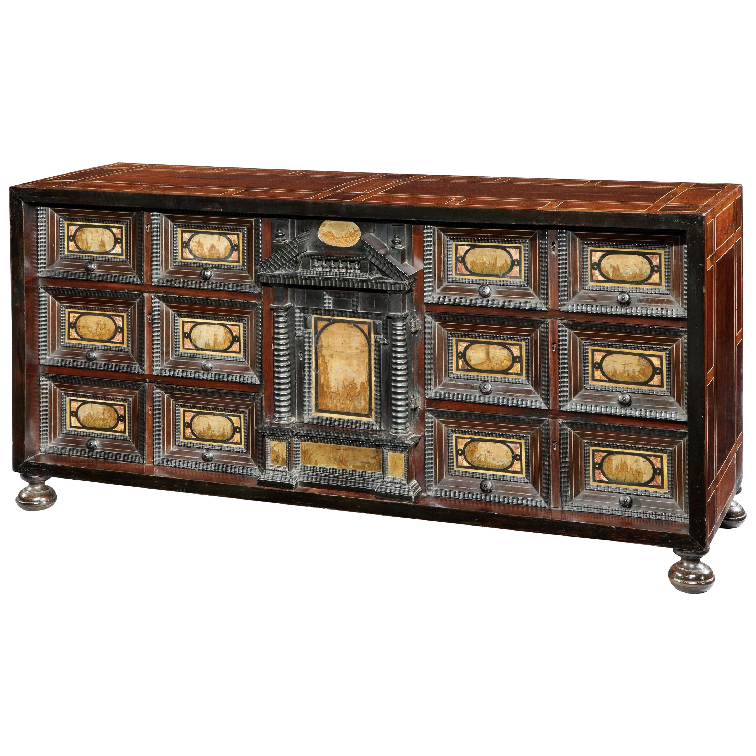 Table Cabinet, Early 17th Century, Italian Baroque, Pietra Paesina Mounted Walnu For Sale