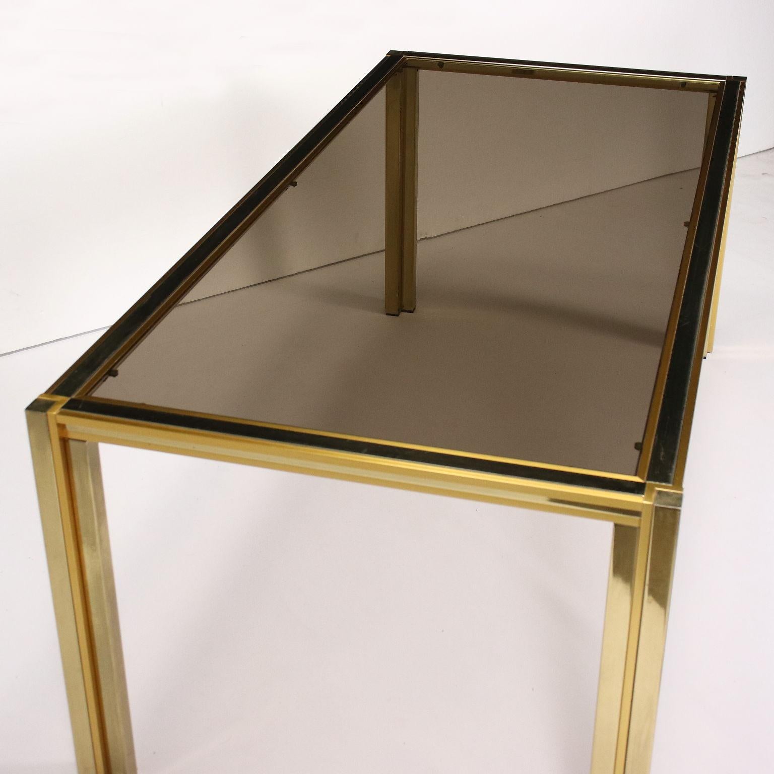 Mid-Century Modern Table Chromed Metal Brass Smoked Glass, Italy, 1970s-1980s
