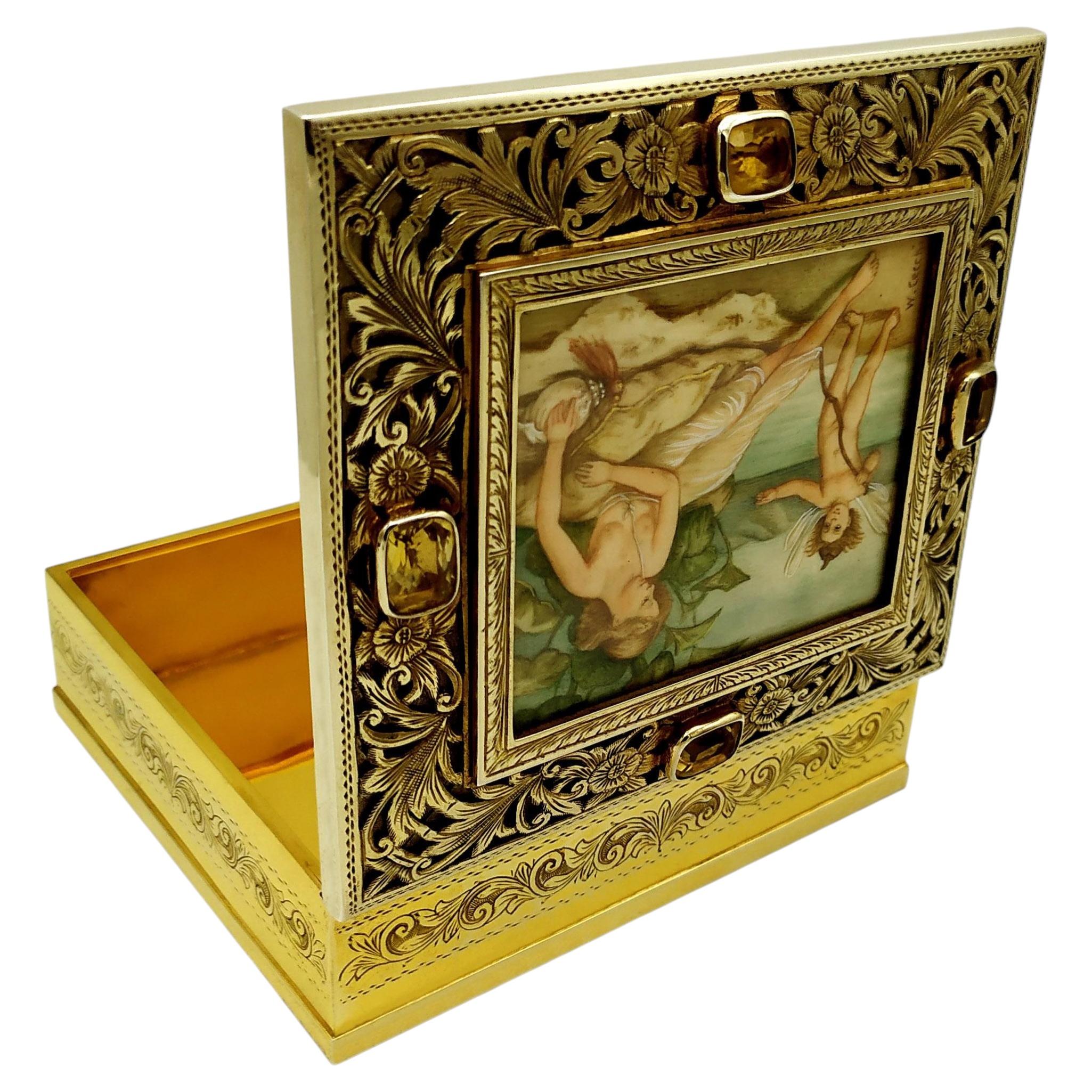 Table Cigarette Case “Venus with Cupid” miniatures and citrine quartz Salimbeni. For Sale