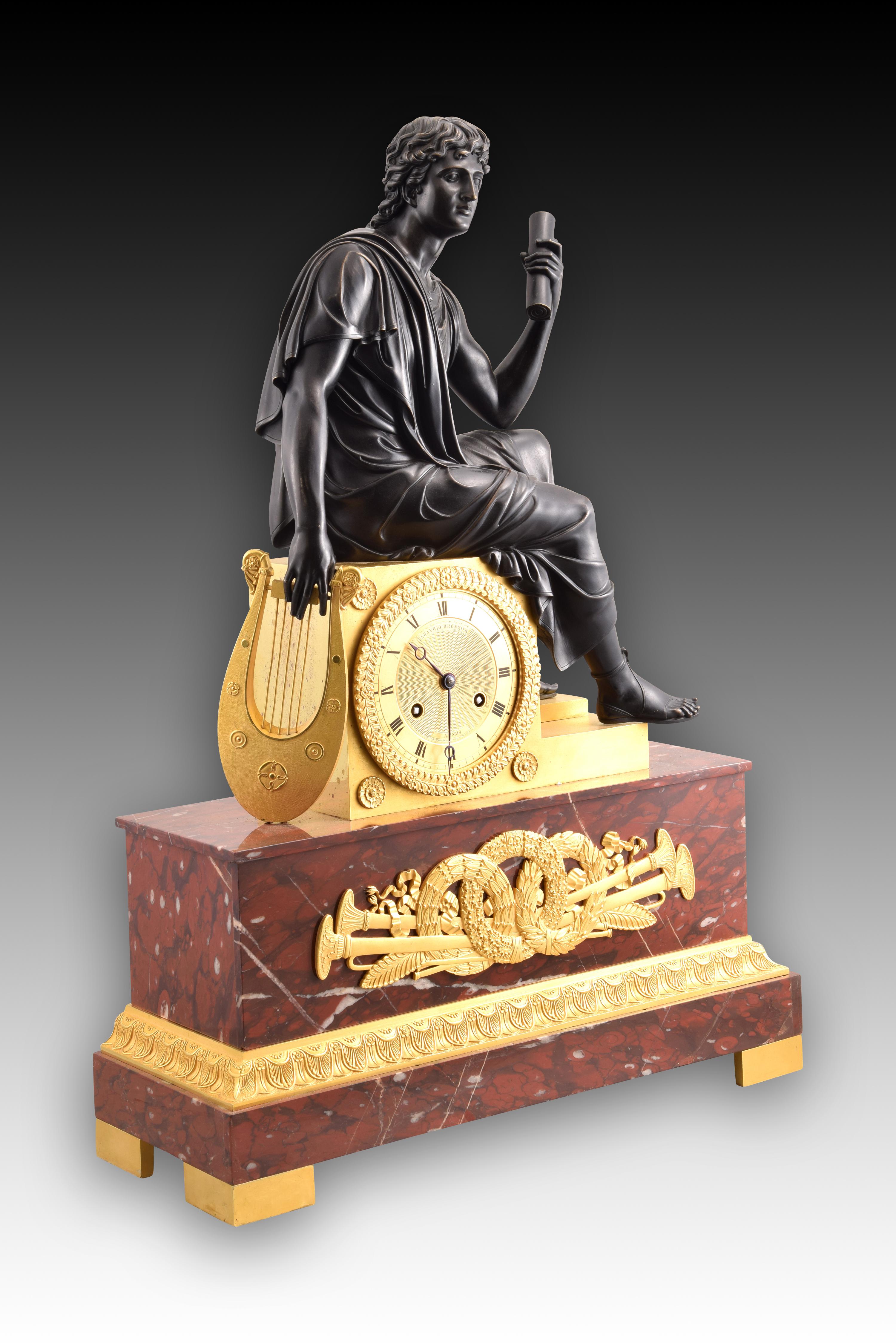 Table Clock, Apollo, Bronze, Marble, Model of Lenoir-Ravrio, Louis-Stanislas For Sale 2