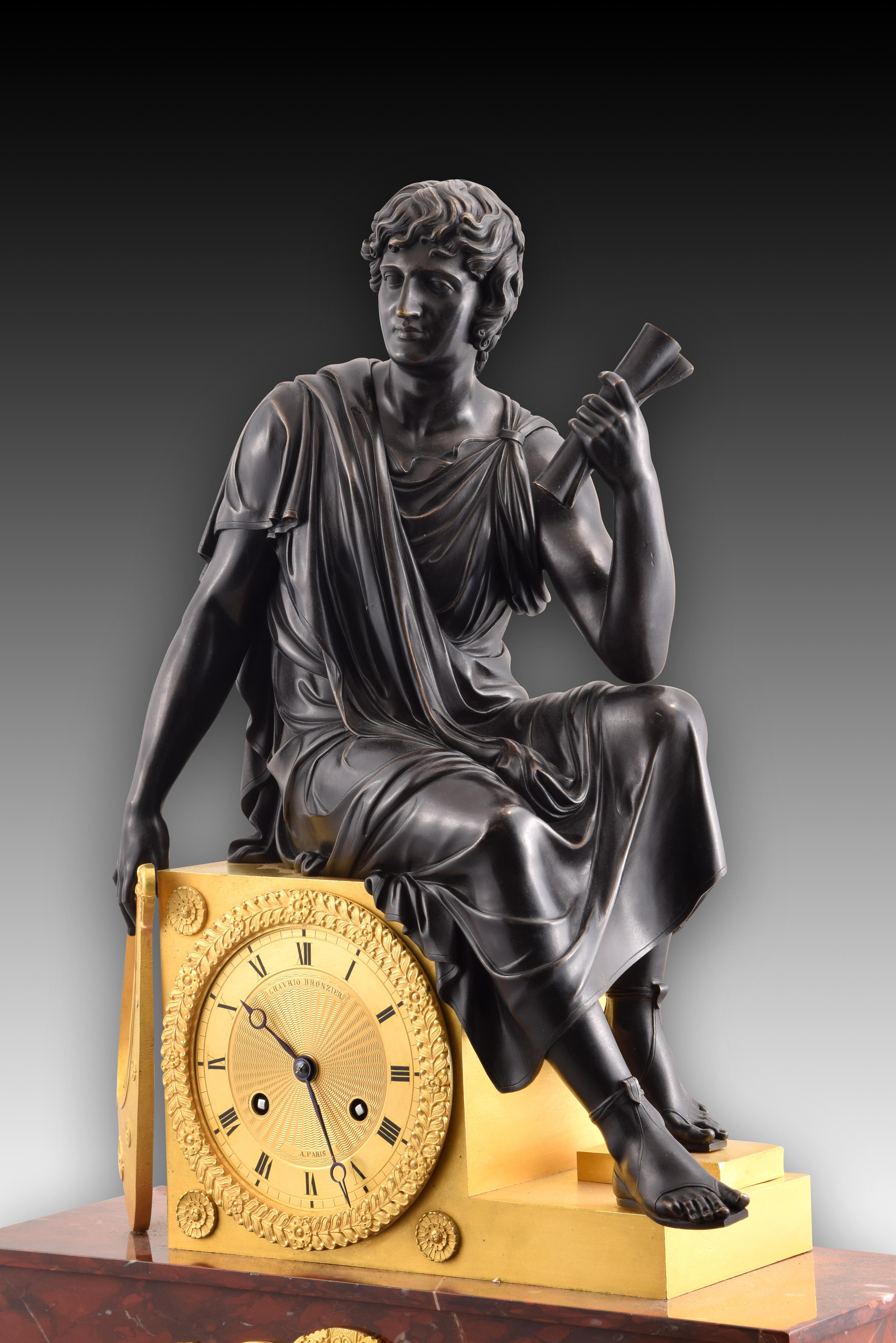Table Clock, Apollo, Bronze, Marble, Model of Lenoir-Ravrio, Louis-Stanislas For Sale 4