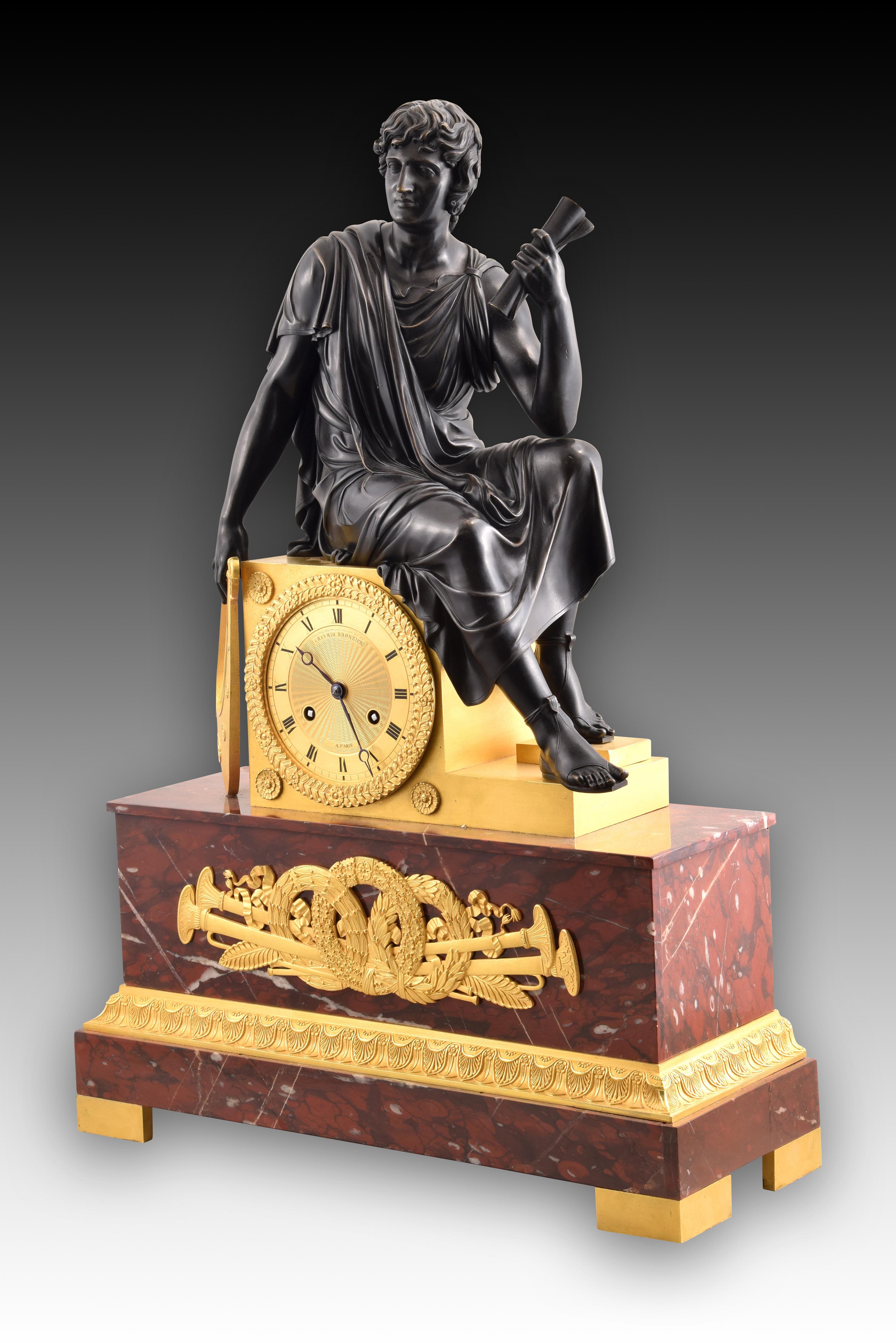 Table Clock, Apollo, Bronze, Marble, Model of Lenoir-Ravrio, Louis-Stanislas For Sale 5