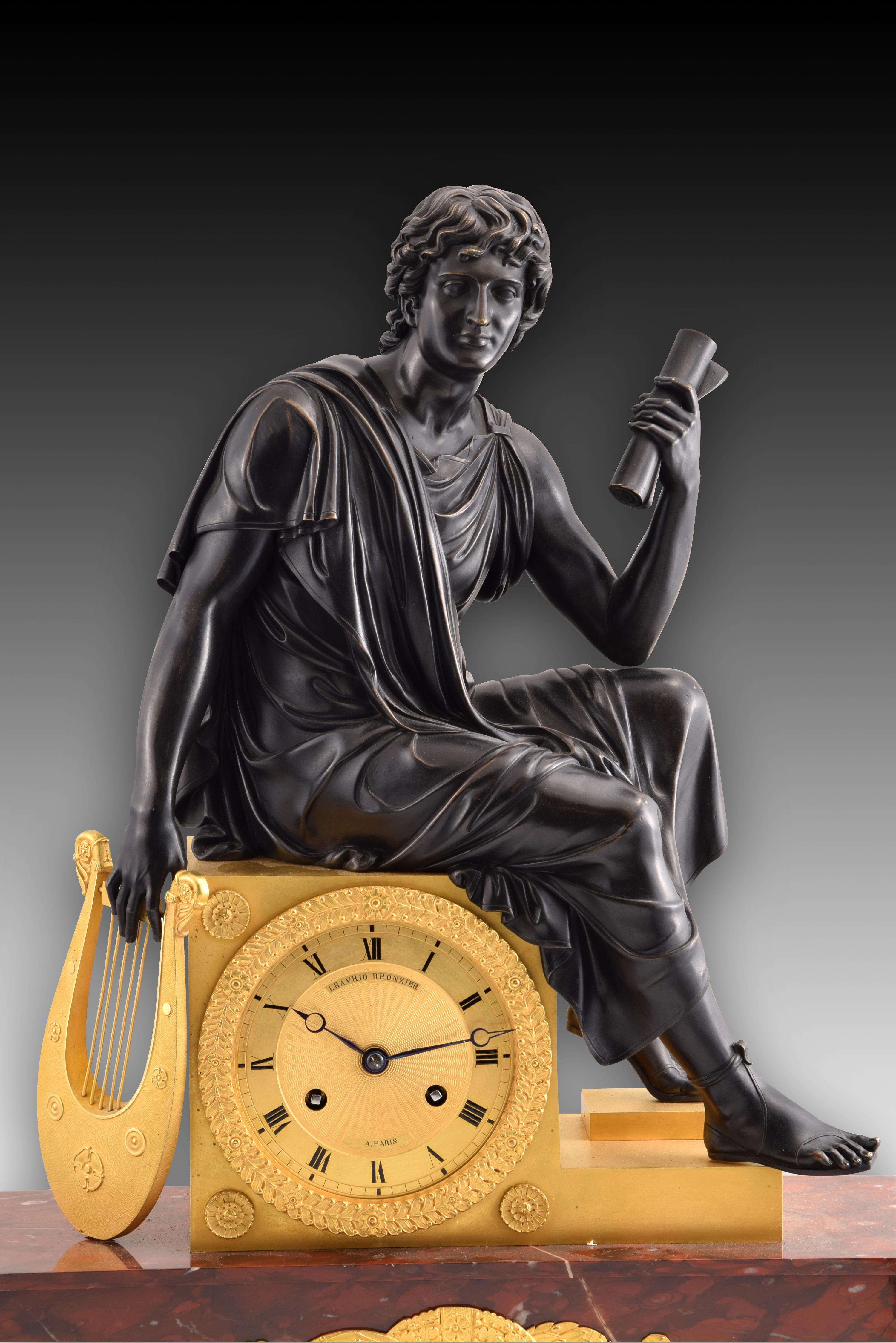Table Clock, Apollo, Bronze, Marble, Model of Lenoir-Ravrio, Louis-Stanislas For Sale 9