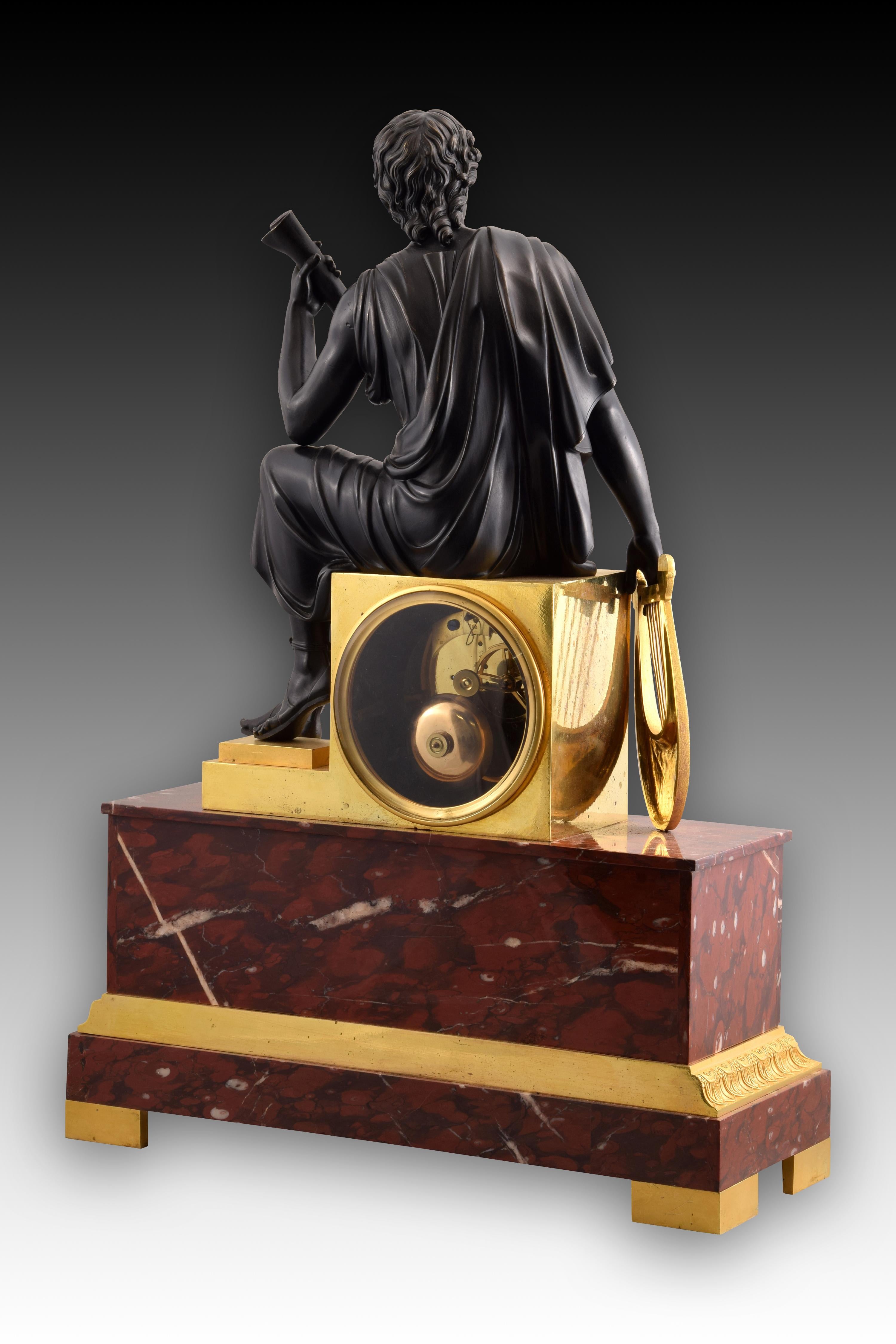 French Table Clock, Apollo, Bronze, Marble, Model of Lenoir-Ravrio, Louis-Stanislas For Sale