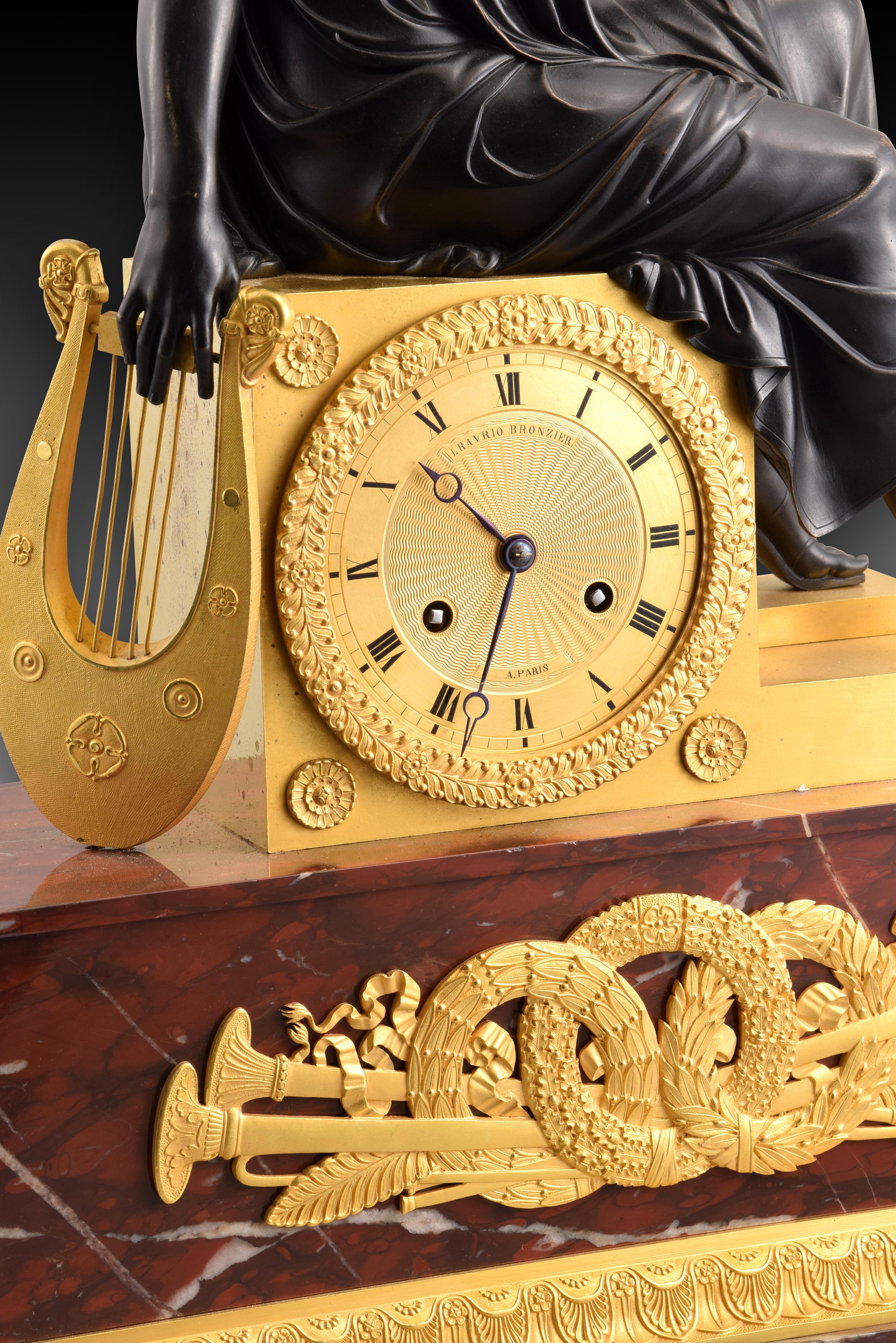 19th Century Table Clock, Apollo, Bronze, Marble, Model of Lenoir-Ravrio, Louis-Stanislas For Sale