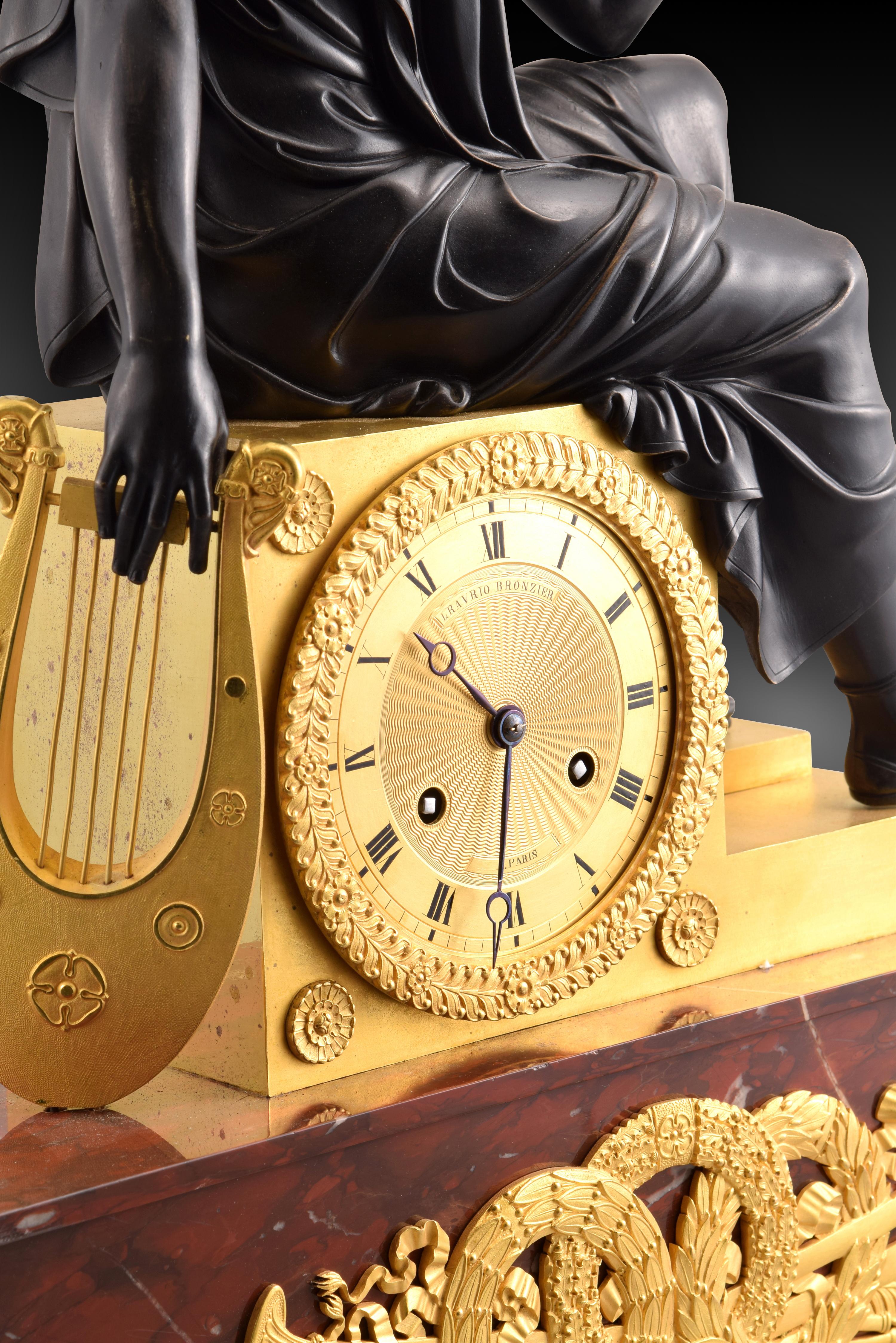Table Clock, Apollo, Bronze, Marble, Model of Lenoir-Ravrio, Louis-Stanislas For Sale 1