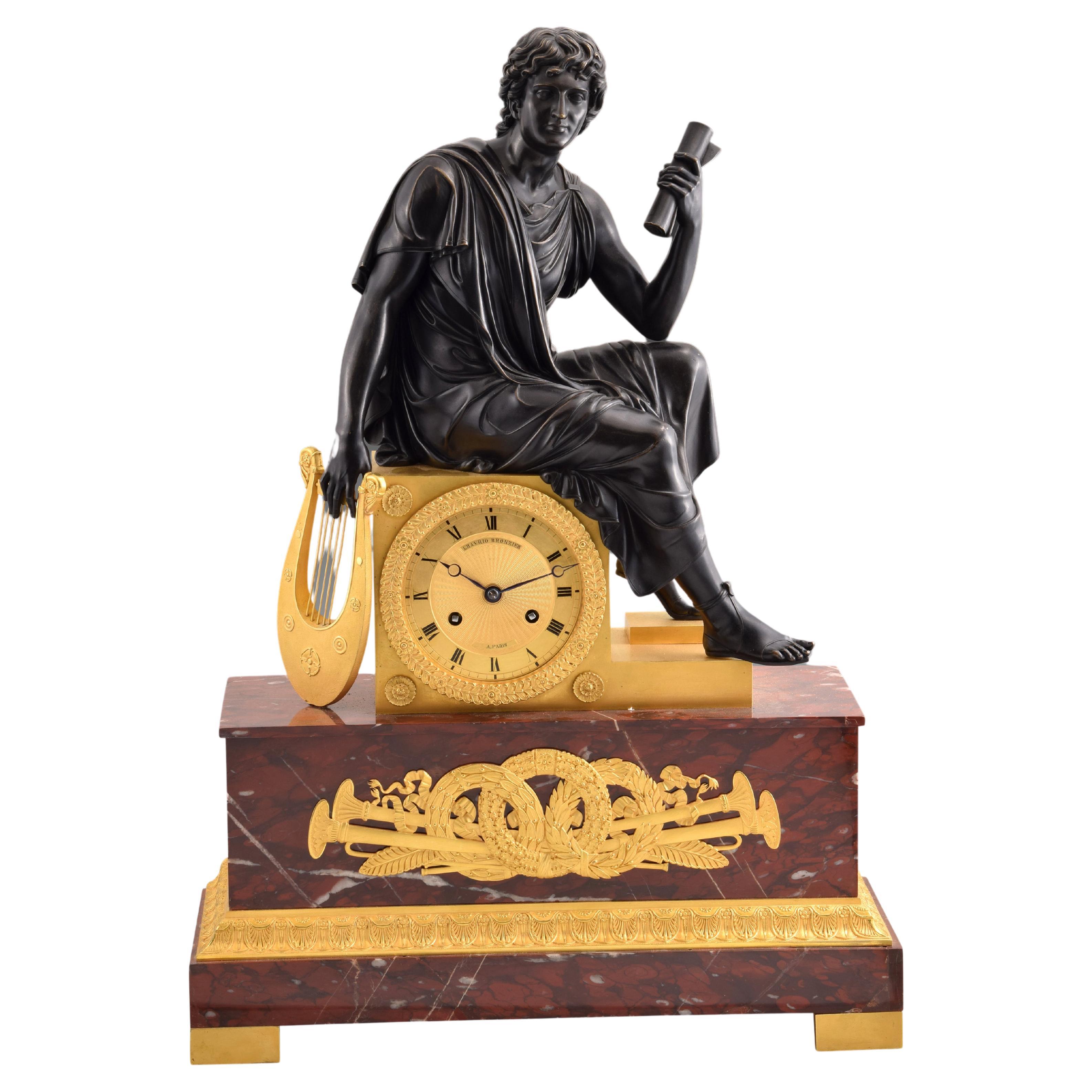 Tischuhr, Apollo, Bronze, Marmor, Modell von Lenoir-Ravrio, Louis-Stanislas