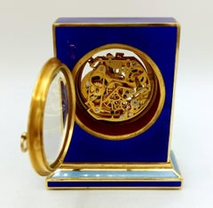 Table clock blue enamel Swiss mechanical skeletal movement. Salimbeni