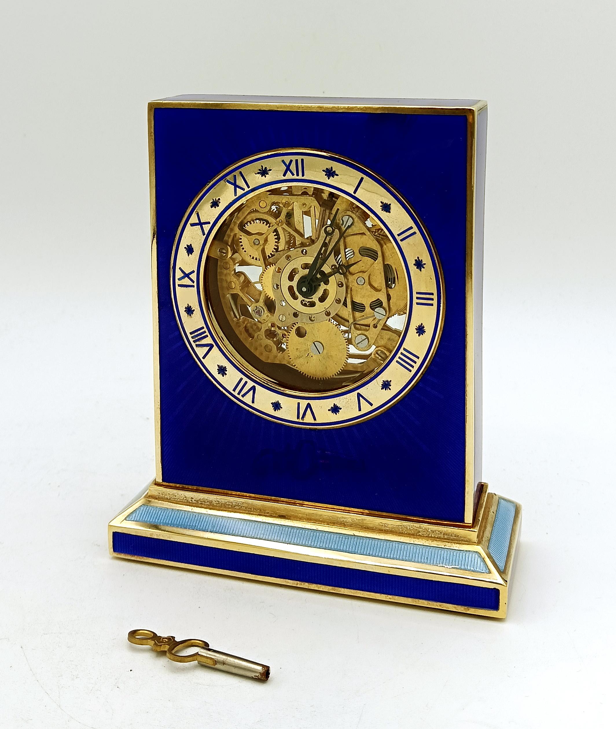Tischuhr mit blauer Emaille, Schweizer mechanisches Skelettwerk. Salimbeni (Ende des 20. Jahrhunderts) im Angebot