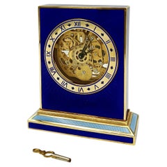 Horloge de table émaillée bleue, mouvement squelettique mécanique suisse Salimbeni