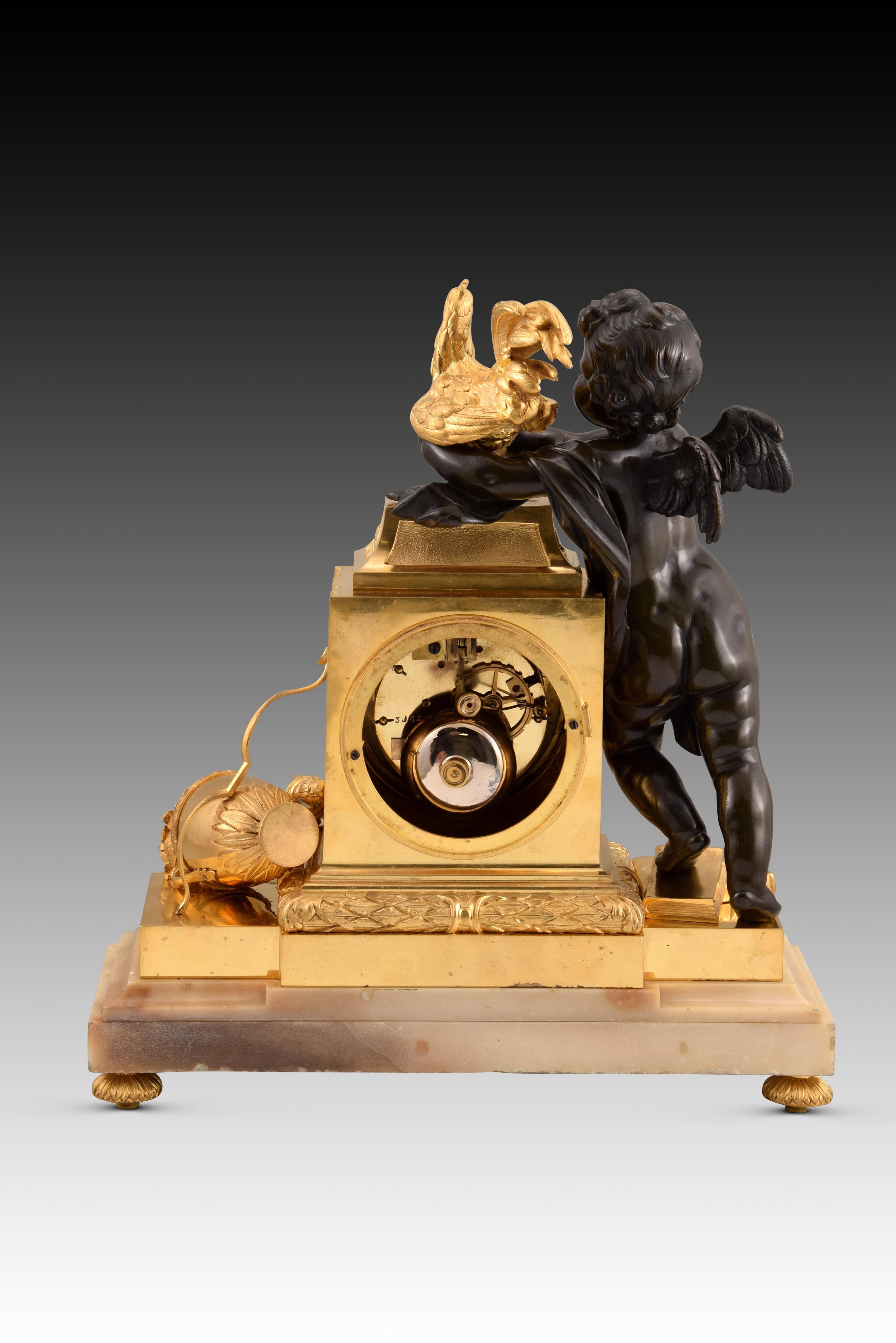 Table clock, Cupid with rooster. Bronze, marble. Posib France, circa late 19th c For Sale 4