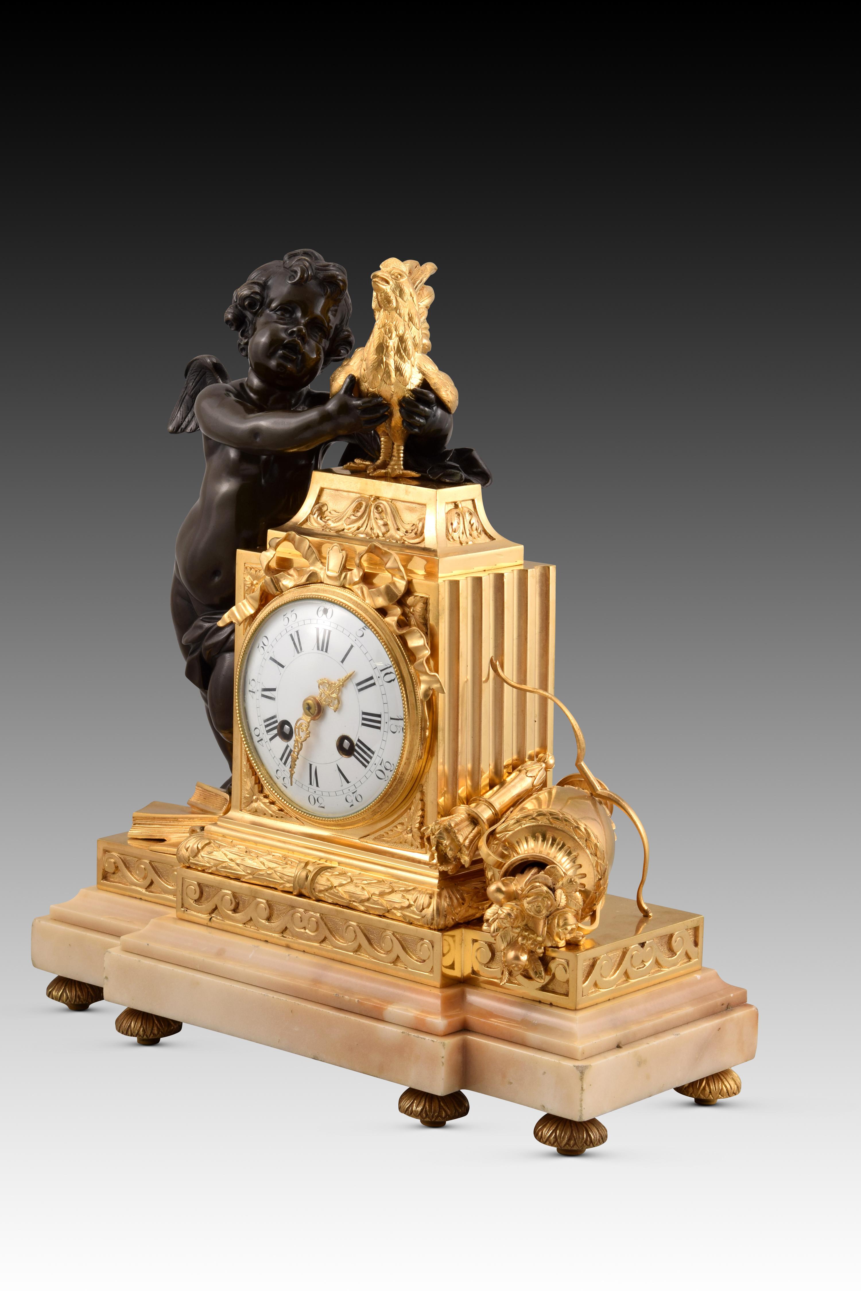 Neoclassical Revival Table clock, Cupid with rooster. Bronze, marble. Posib France, circa late 19th c For Sale