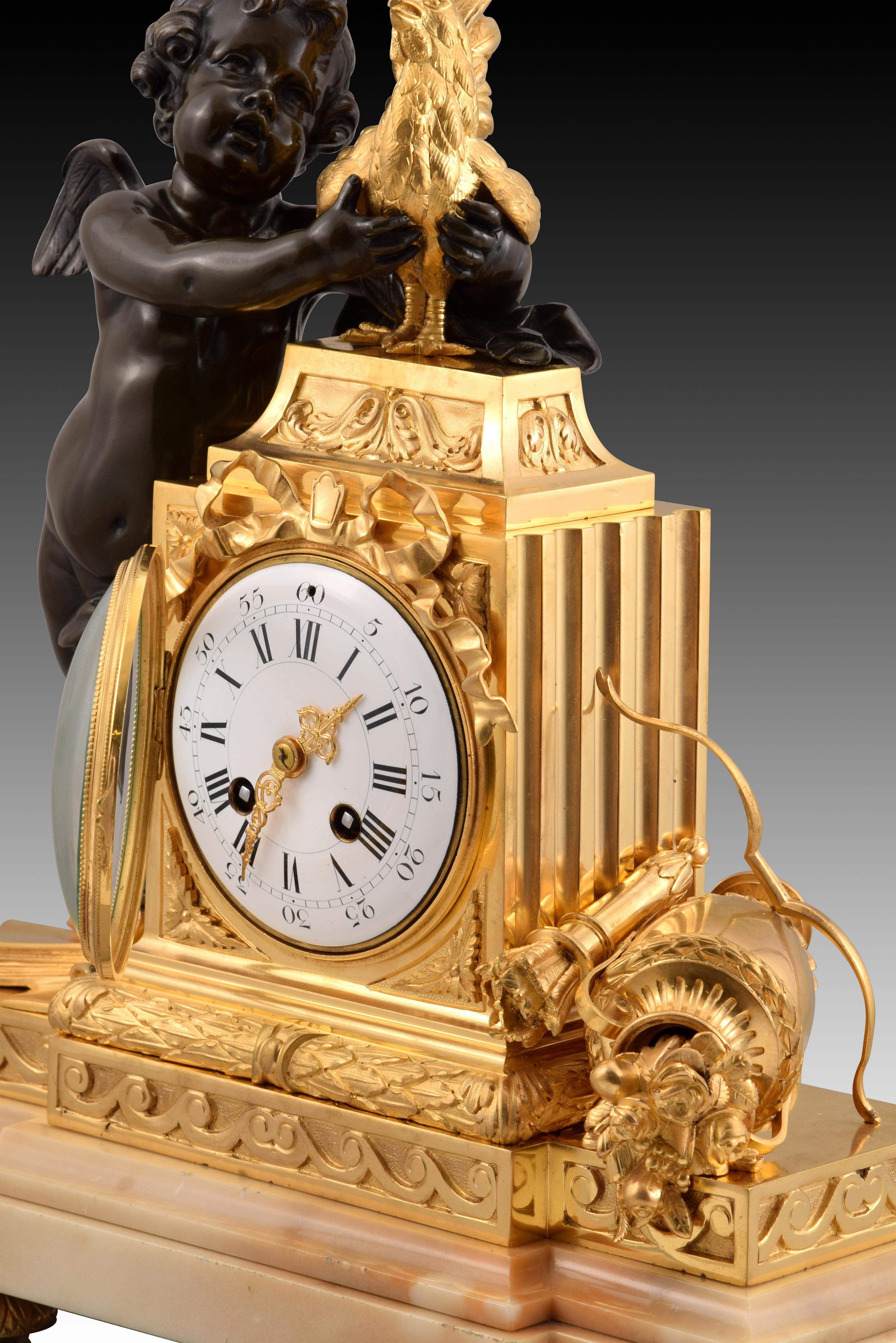 European Table clock, Cupid with rooster. Bronze, marble. Posib France, circa late 19th c For Sale