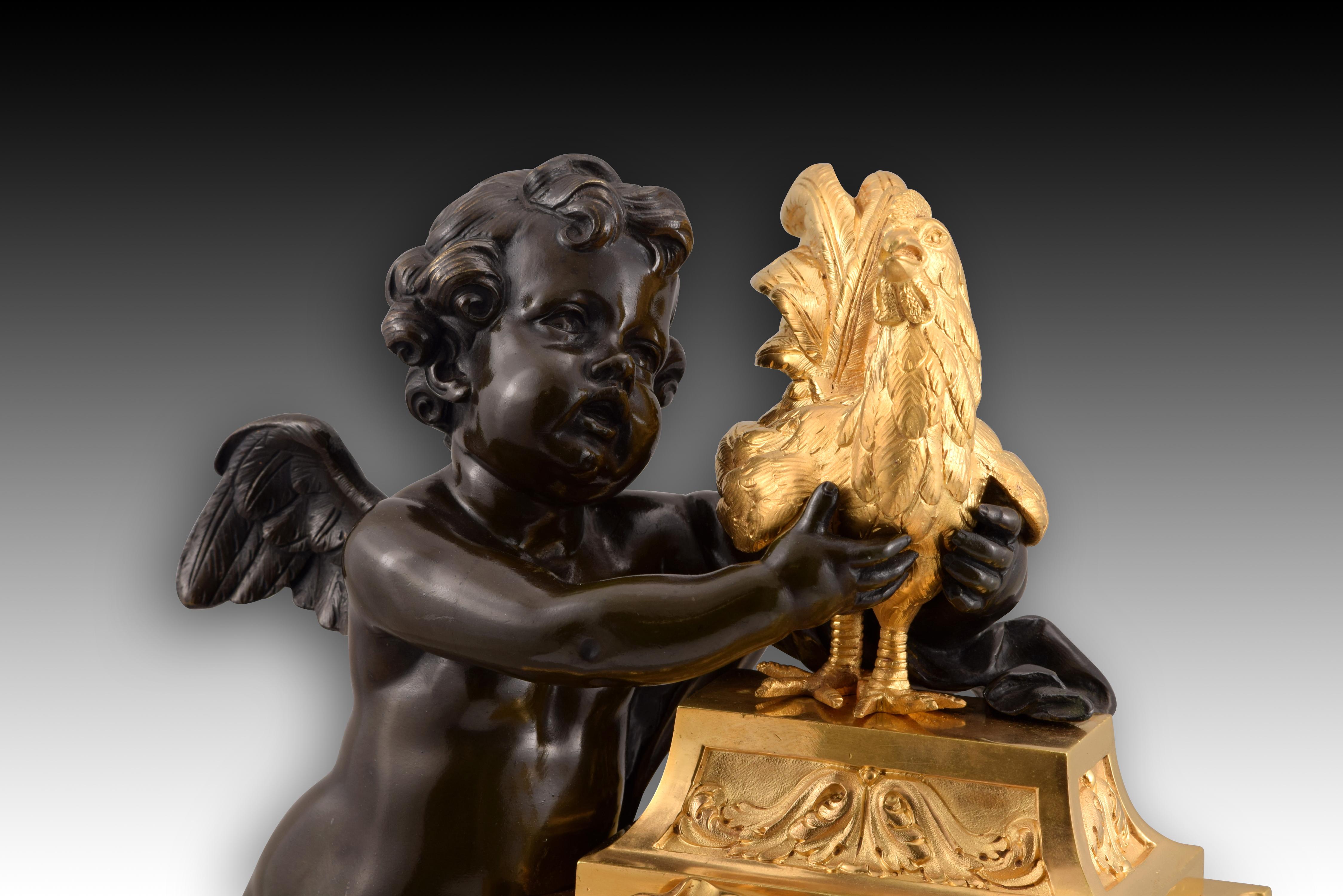 Table clock, Cupid with rooster. Bronze, marble. Posib France, circa late 19th c In Good Condition For Sale In Madrid, ES