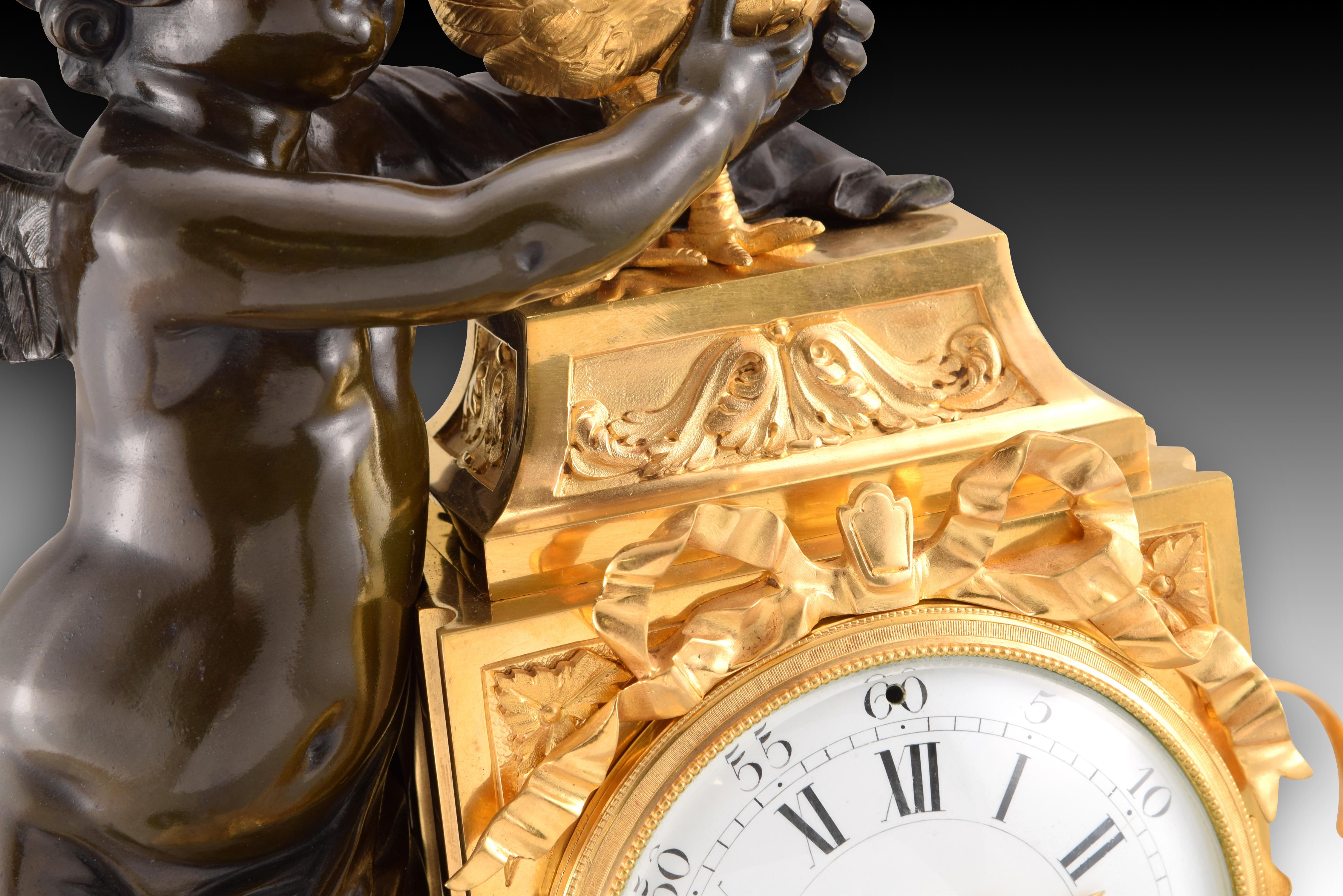 19th Century Table clock, Cupid with rooster. Bronze, marble. Posib France, circa late 19th c For Sale