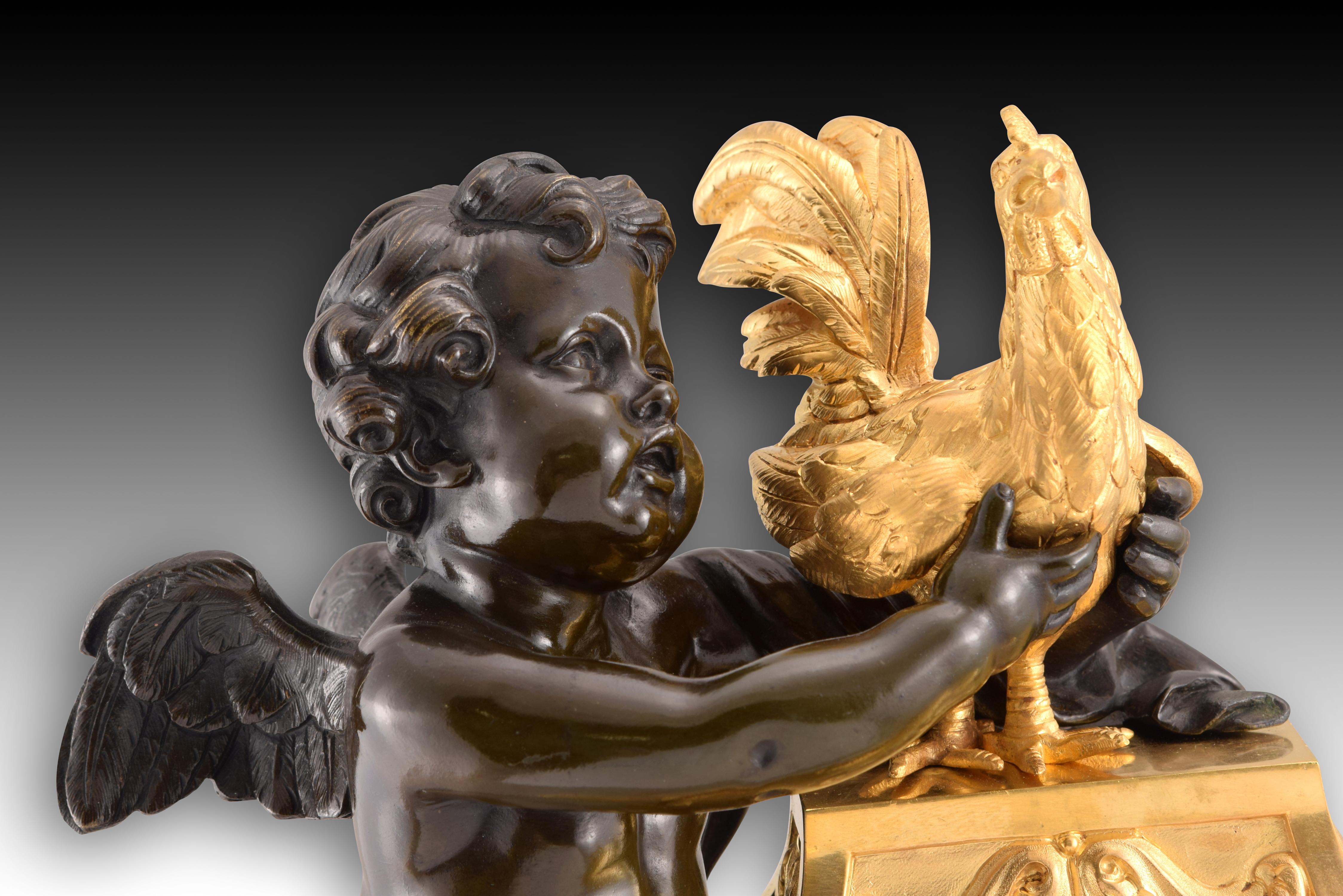 Other Table clock, Cupid with rooster. Bronze, marble. Posib France, circa late 19th c For Sale