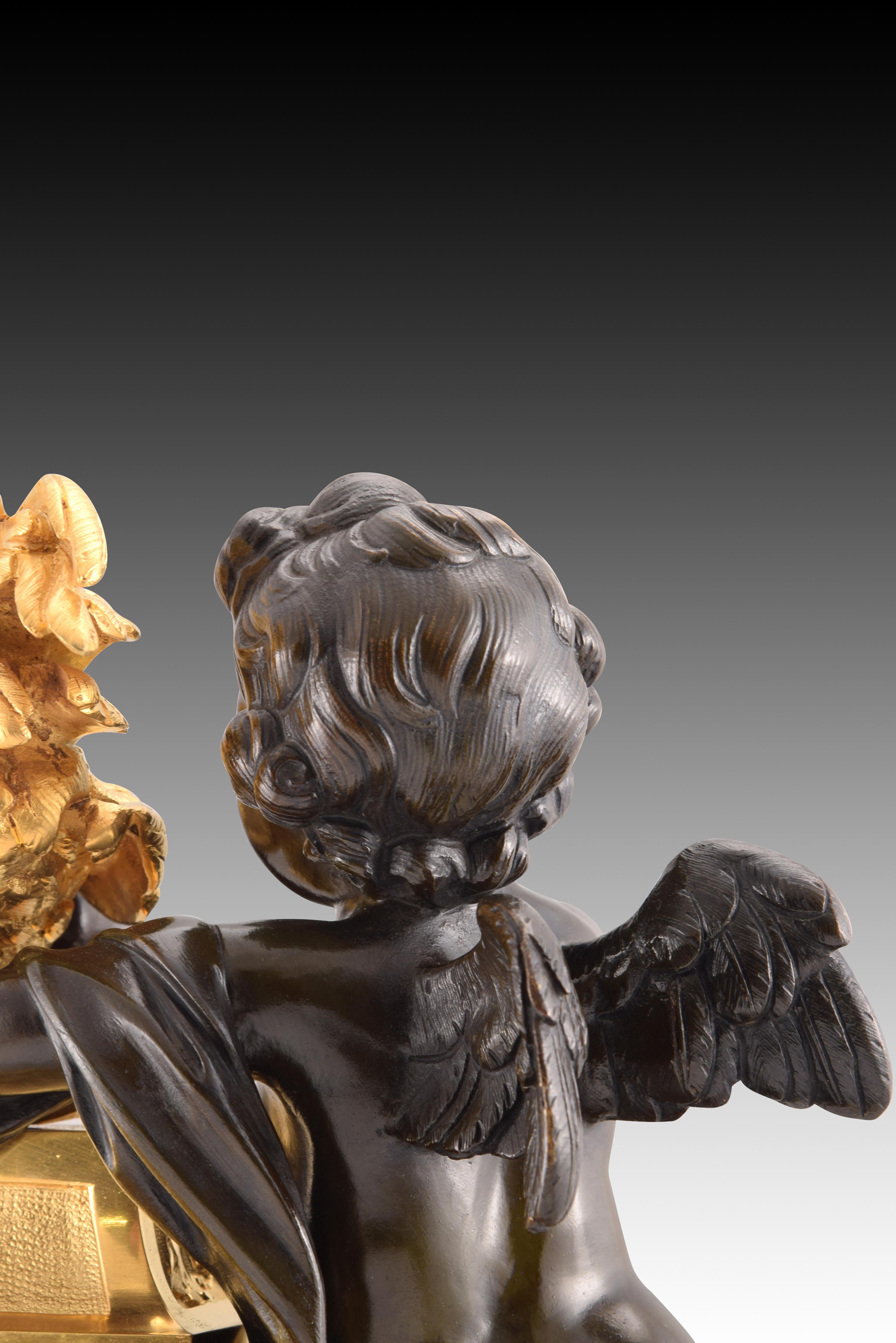 Table clock, Cupid with rooster. Bronze, marble. Posib France, circa late 19th c For Sale 2